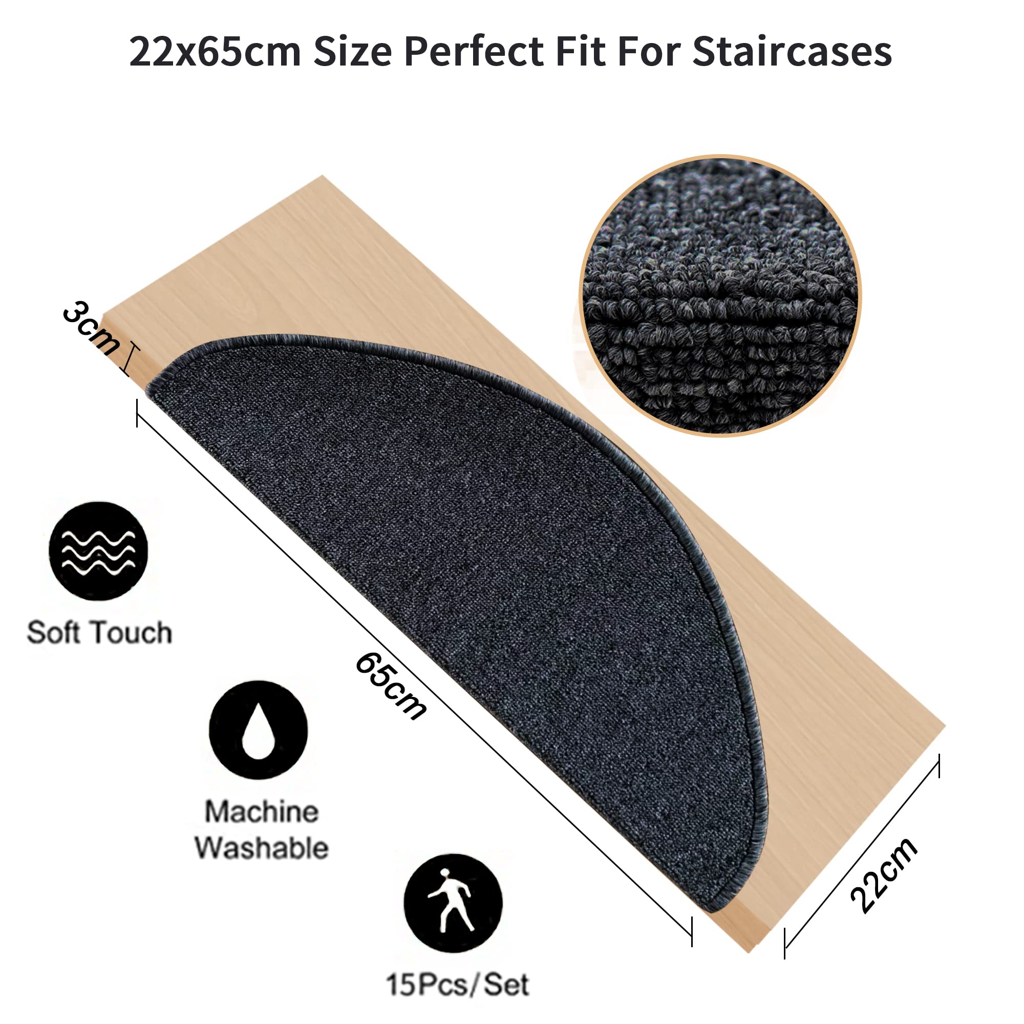 Qingbei Rina Non-Slip Stair Treads | 15 Pack Blackgrey Carpet Rugs