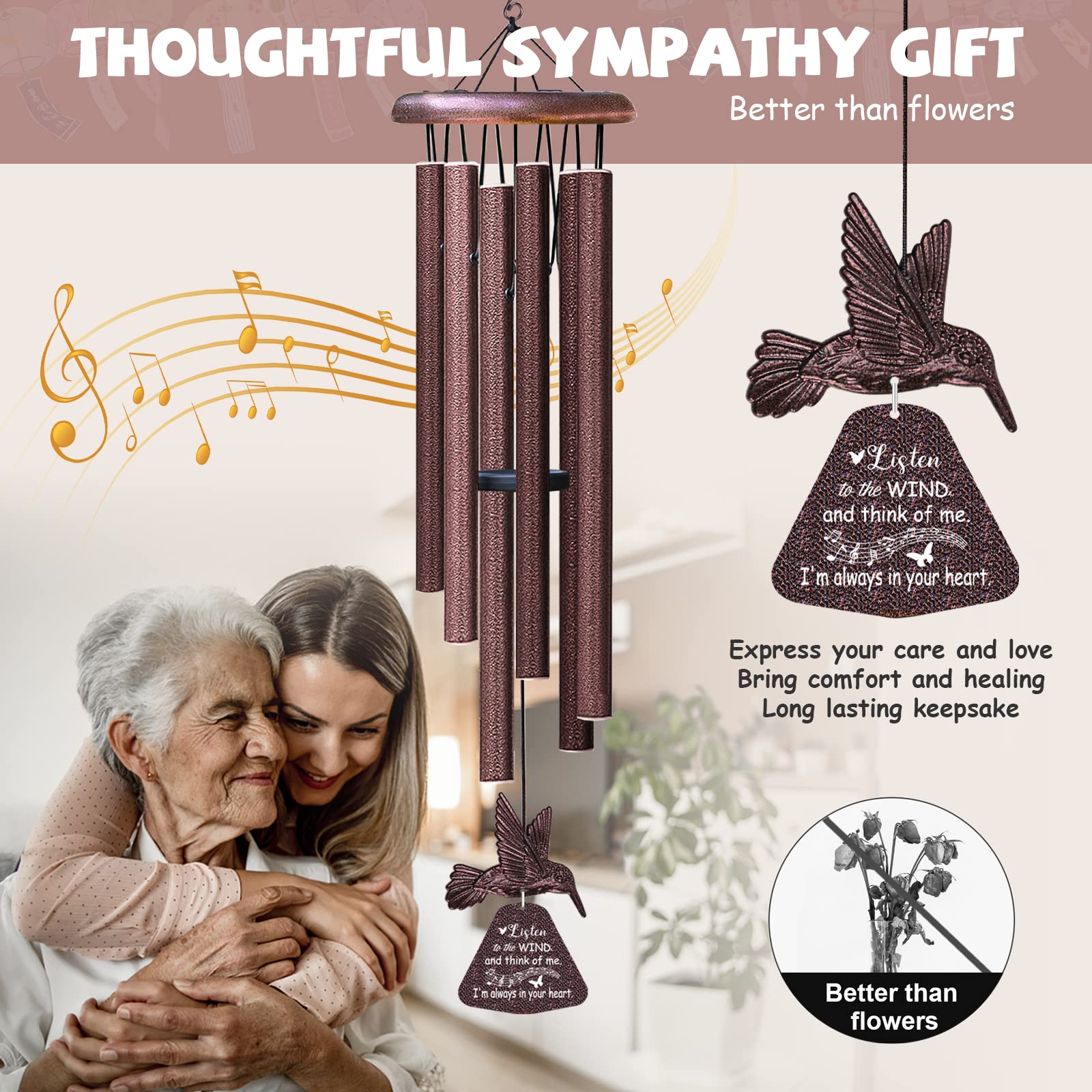 Hummingbird Memorial Wind Chimes - 32 Inch Sympathy Gift