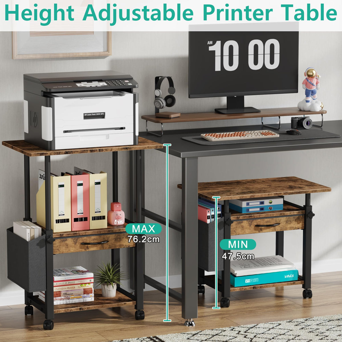 OYRREU 3 Tier Printer Stand on Wheels, Height Adjustable Mobile Table Wood - image 2