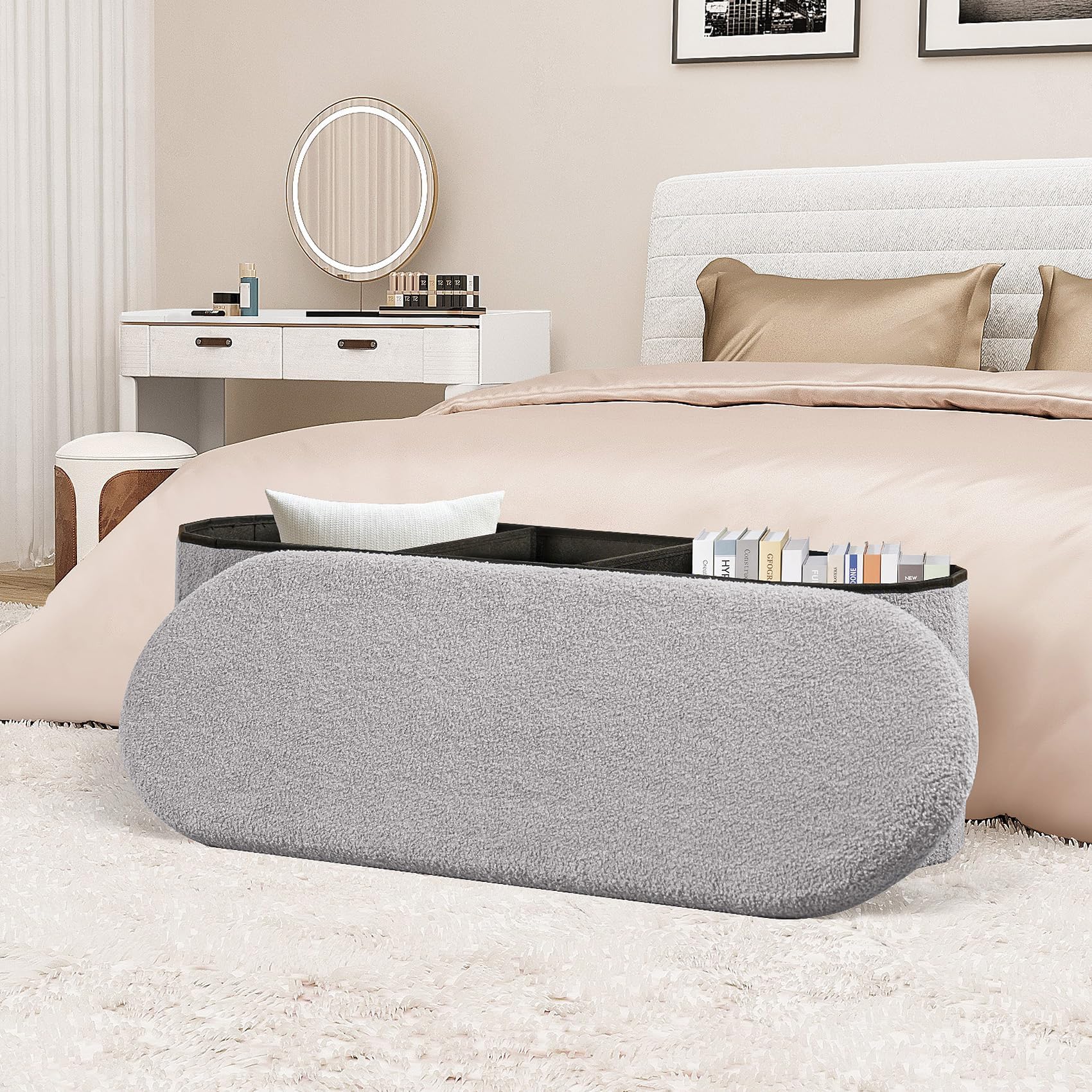 Bonlife Grey Boucle Folding Ottoman Storage Bench – 100L Oval Footstool