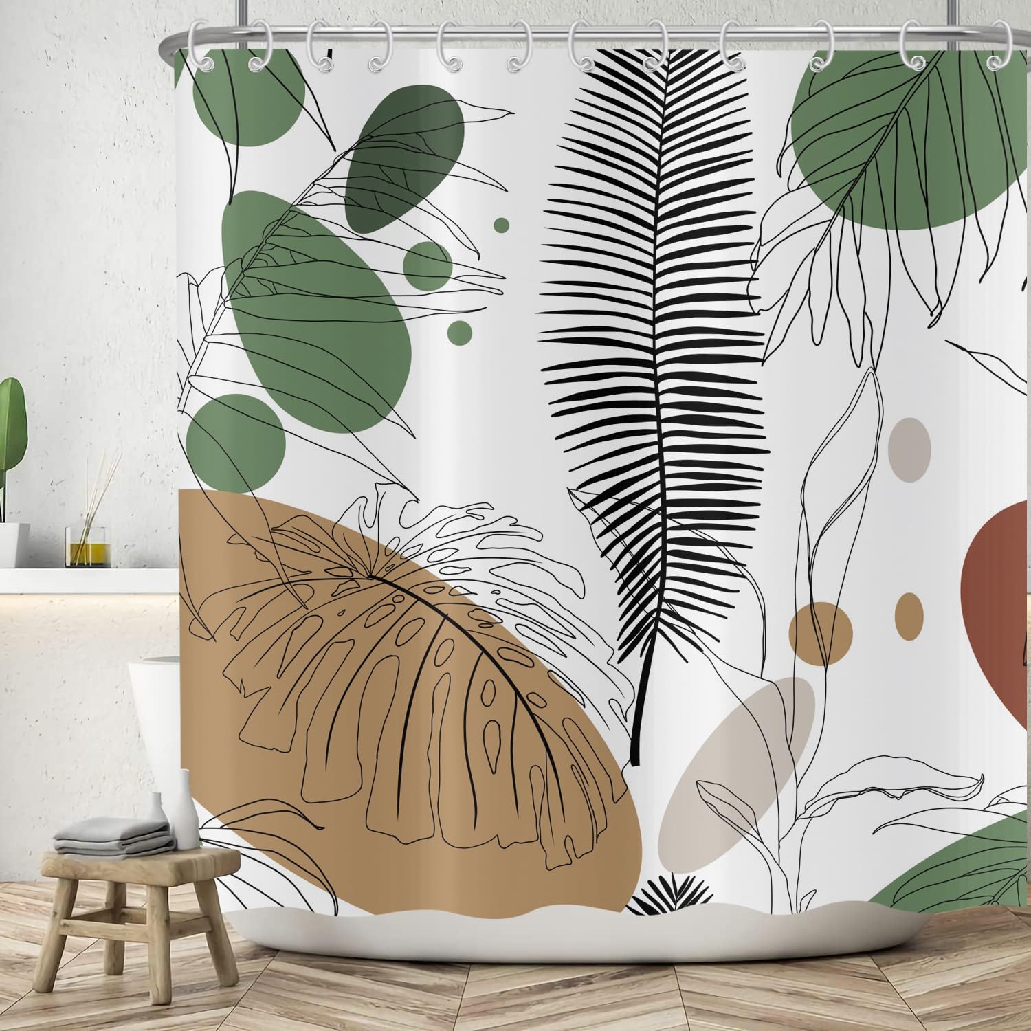 Jolof Store Boho Leaves Shower Curtain – Waterproof Polyester, 180x180 cm