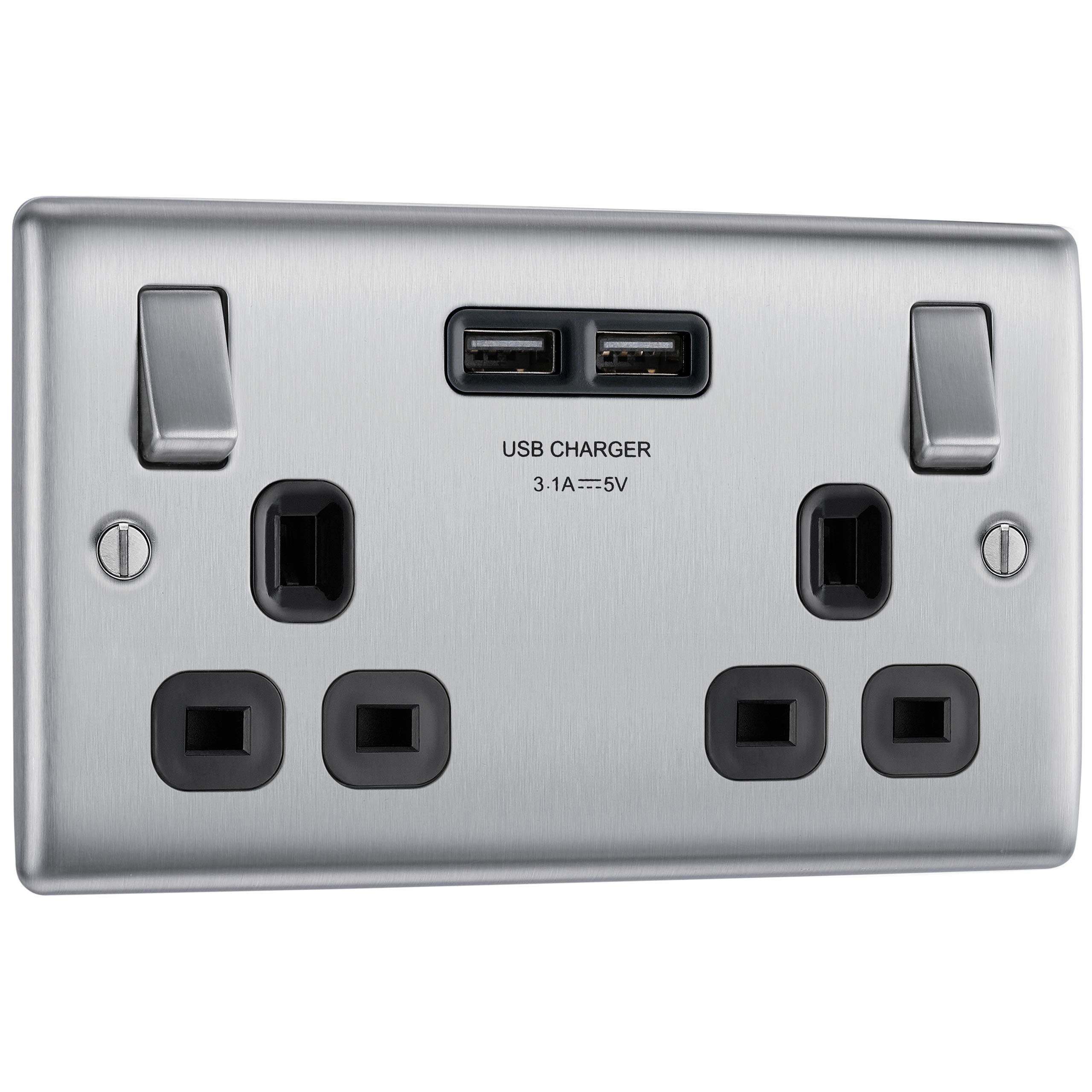 BG Electrical Double Switched Power Socket with Dual USB Fast Charging