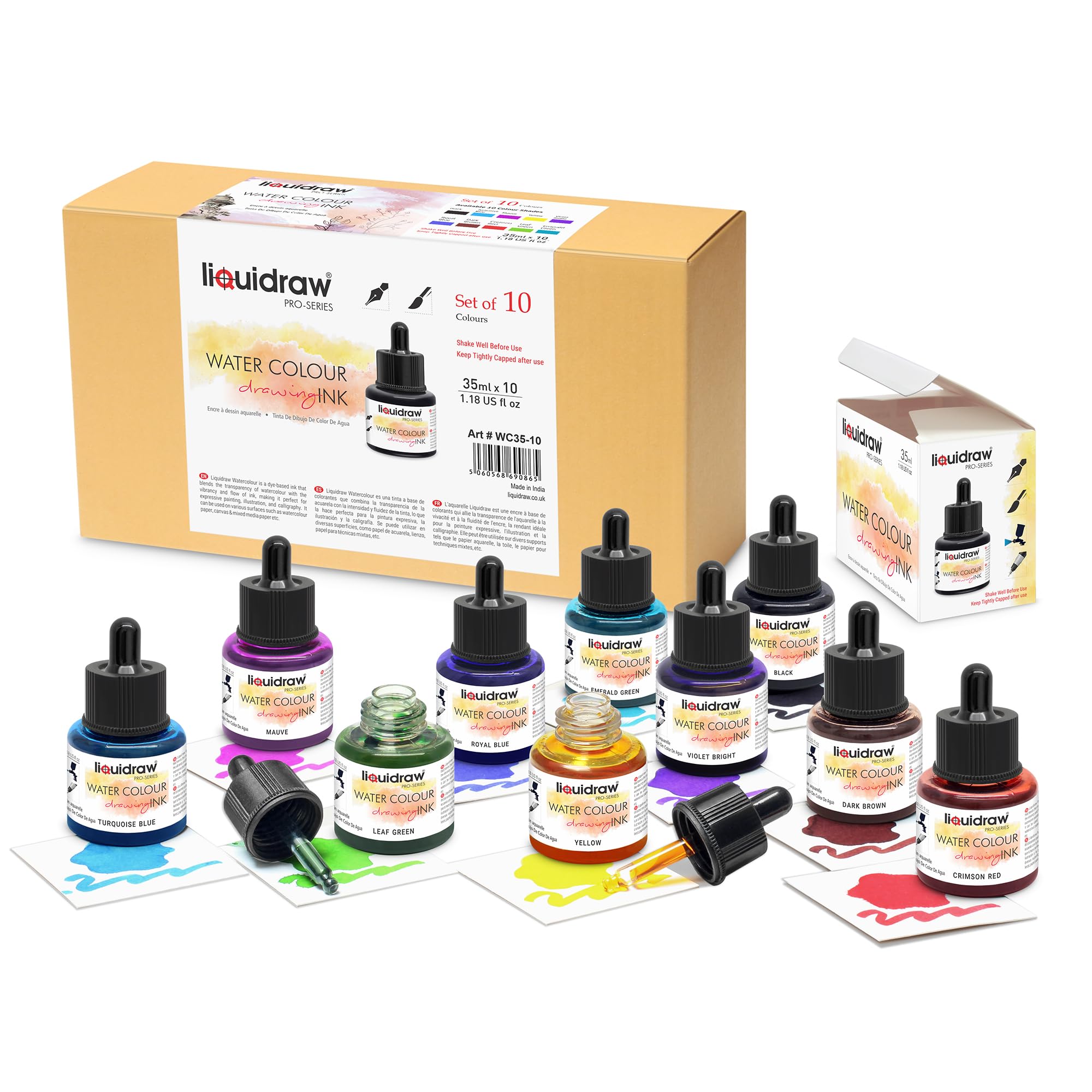 Liquidraw Watercolour Drawing Ink Set - 10 Assorted Colours | 35ml