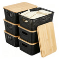 Sagittar Set of 6 Storage Boxes with Bamboo Lid, Imitation Rattan Plastic Storage Basket, Stackable Storage Bins, Ideal for Kitchen, Bathroom, Office