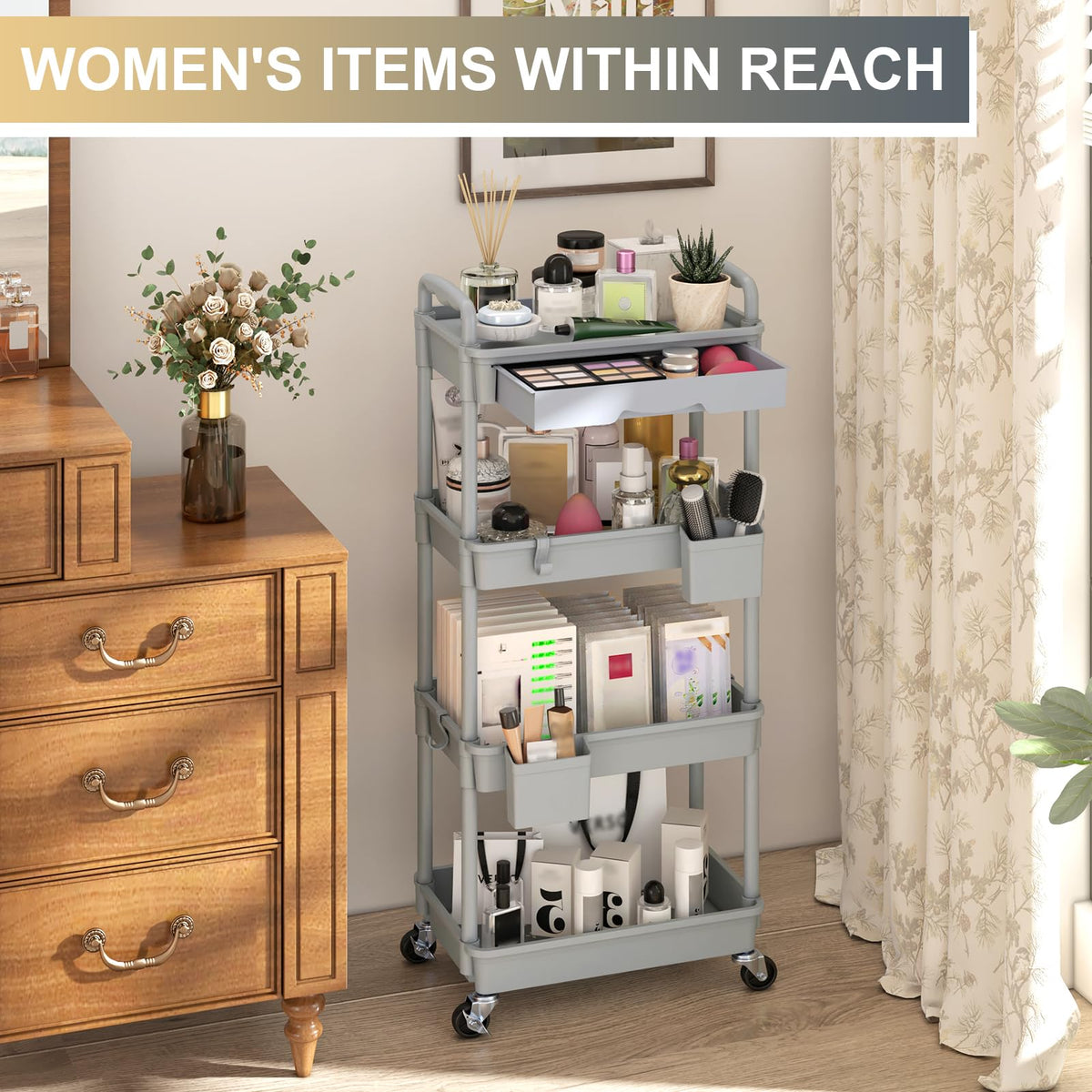 Yeabett 4 Tier Storage Trolley with Drawer, Utility Cart with Plastic Shelf & Lockable Wheels Multifunctional Storage Cart for Kitchen, Bathroom - image 5