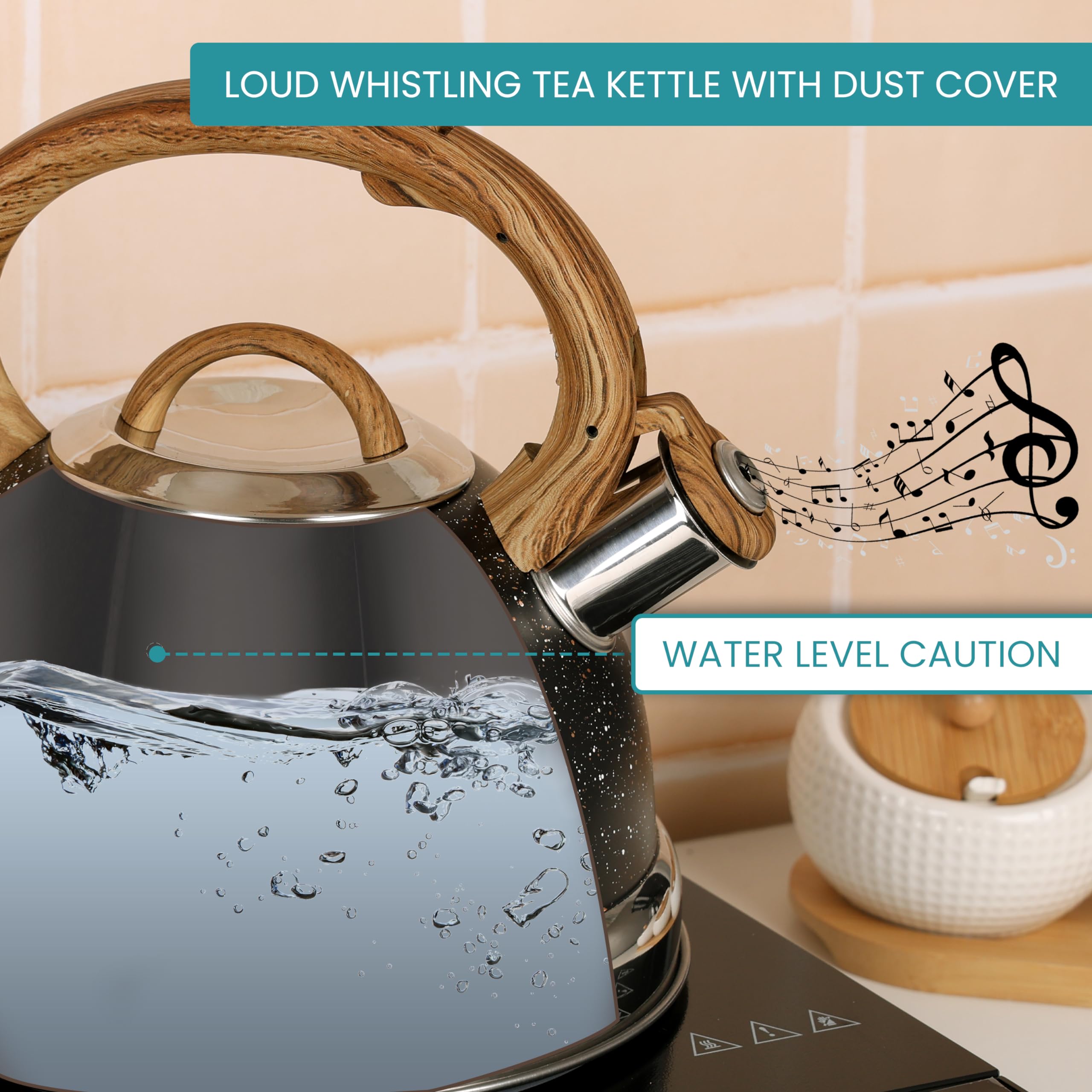 Belle Vous Black Whistling Kettle – 3L Stainless Steel Stovetop Teapot