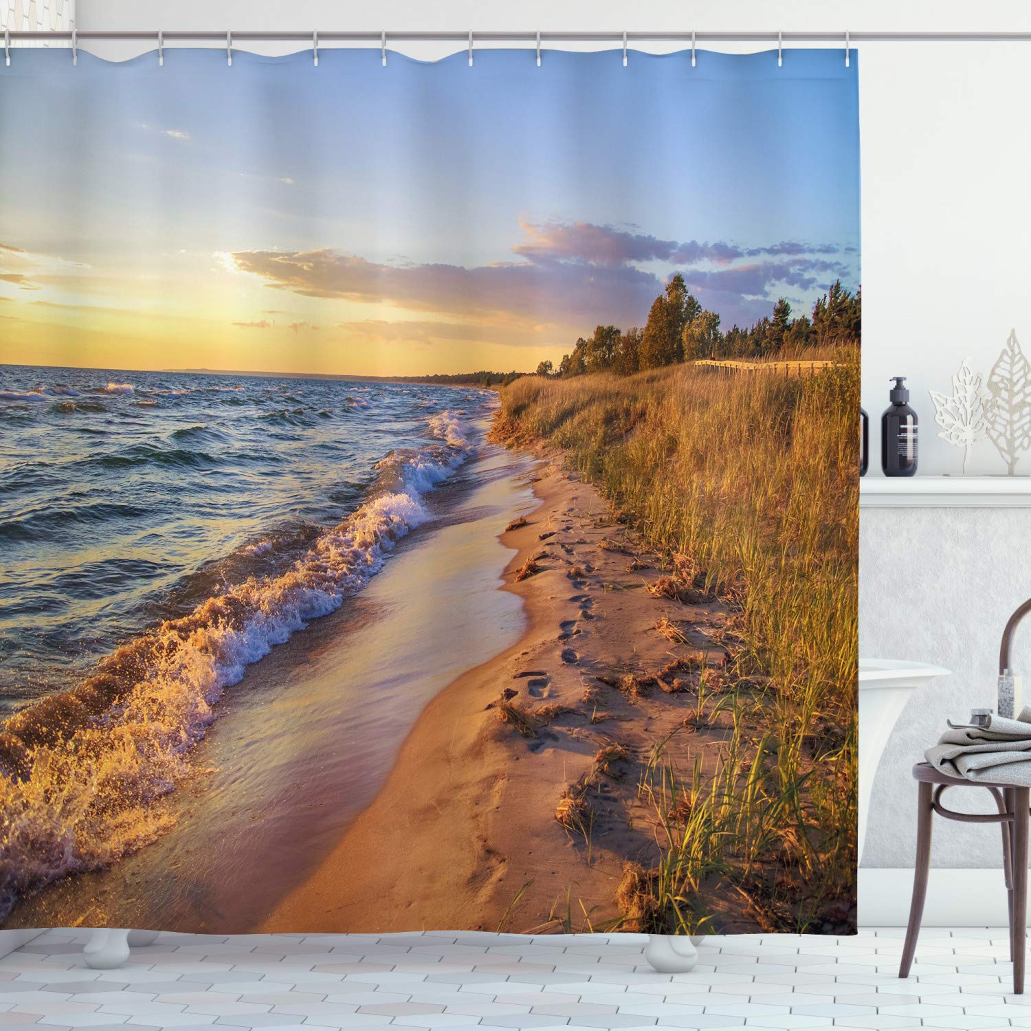 ABAKUHAUS Coastal Beach Shower Curtain | Waterproof Fabric Decor with Hooks