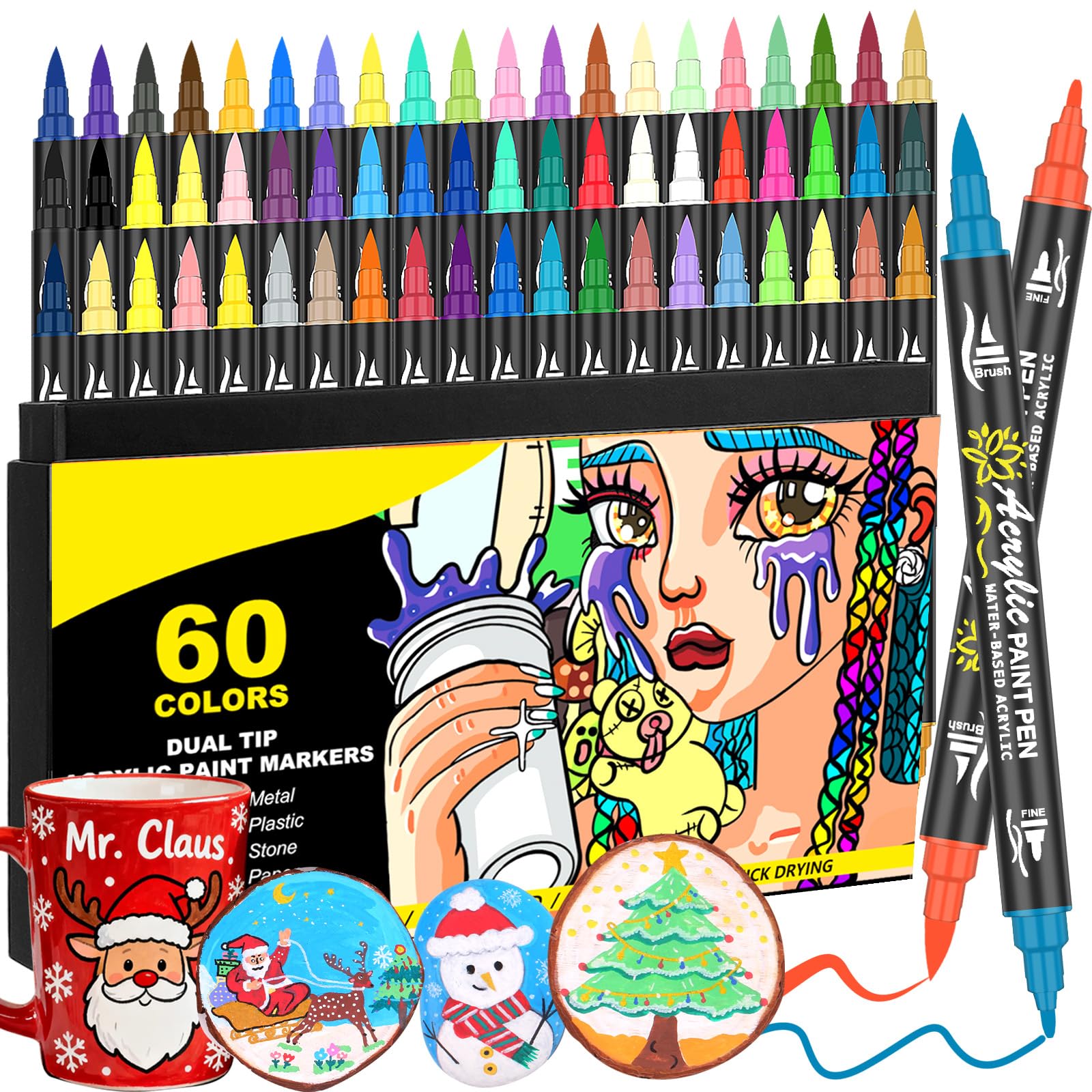 Jolof Store 60 Colors Dual Tip Acrylic Paint Pens for Rock Painting