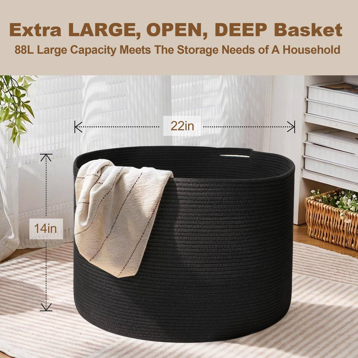 MEGASKET Large Black Blanket Basket, 22" X 22" X 14" Woven Rope Bin for Storage, Kids Dog Toy Storage Box Organizer Bins - image 3