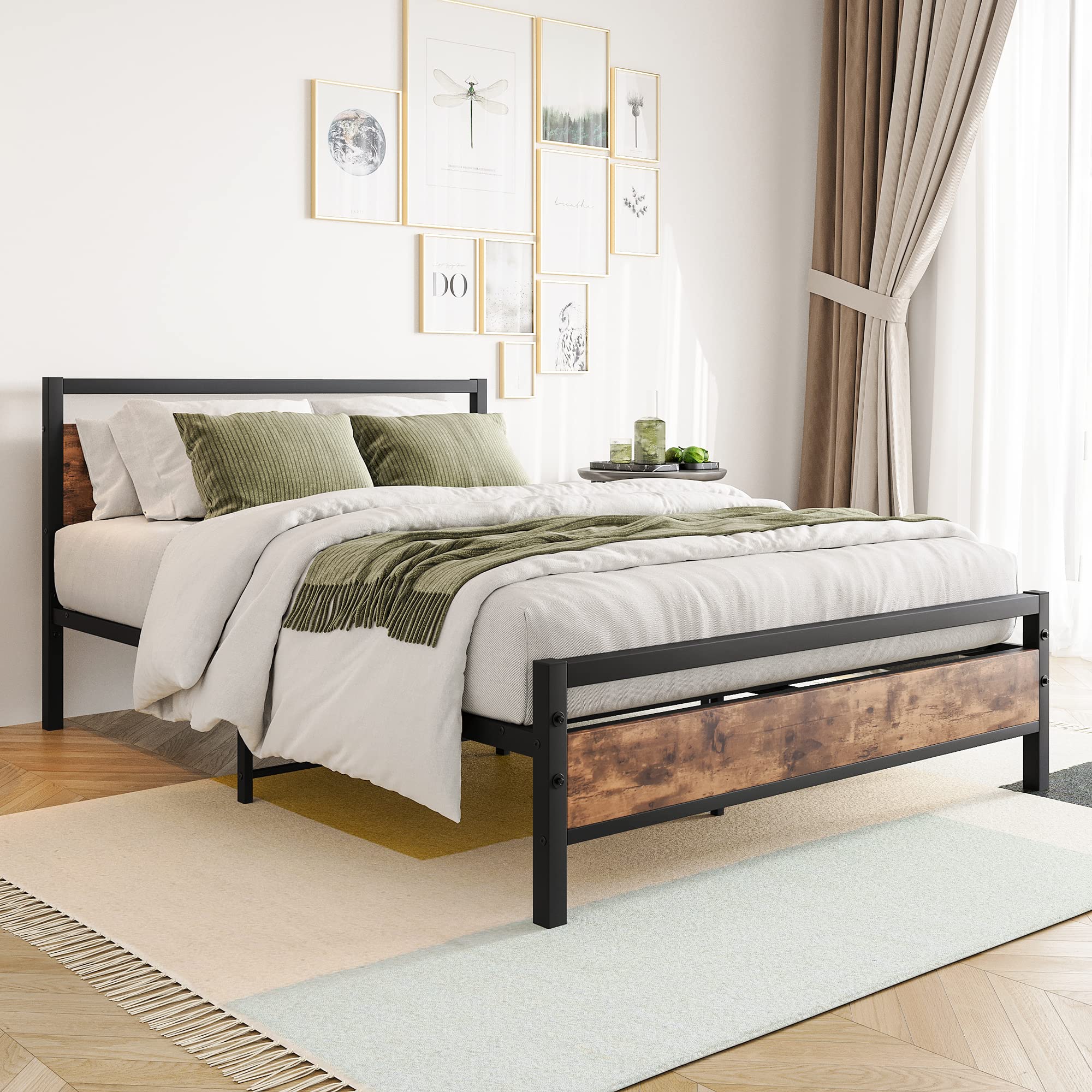 BOFENG Double Metal Platform Bed Frame with Wood Headboard | Heavy Duty