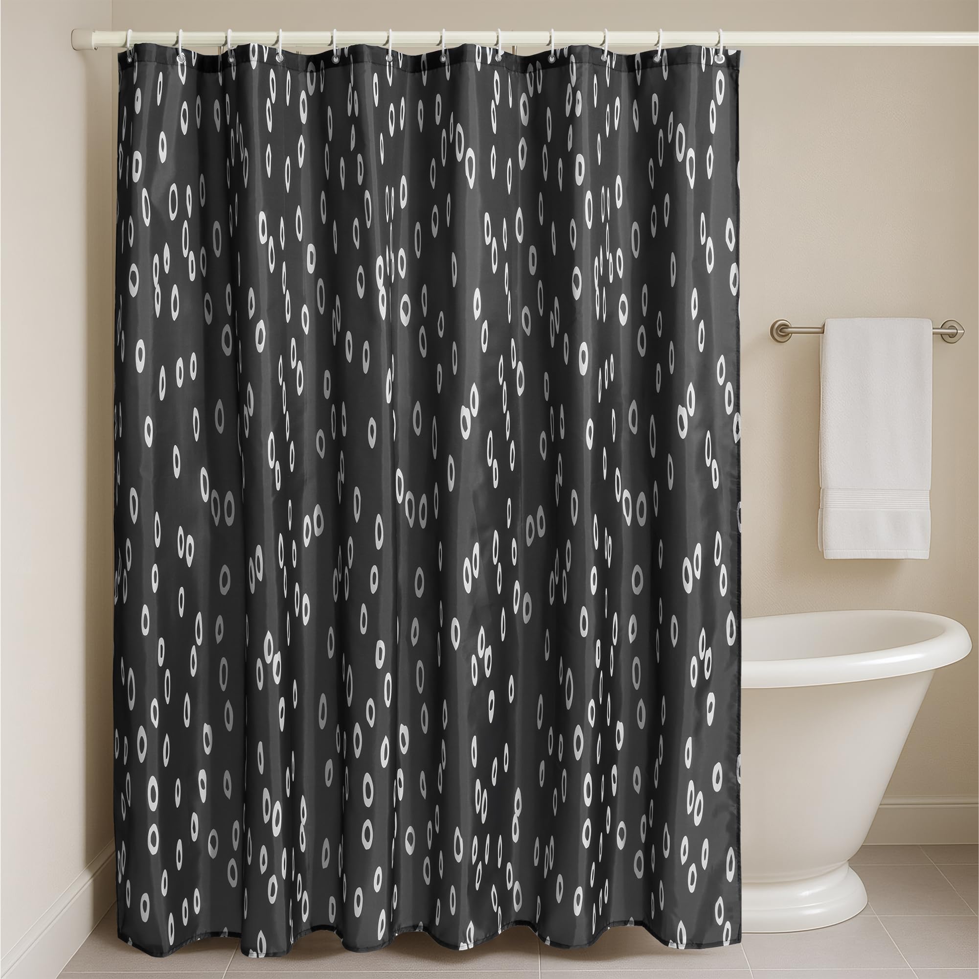 Jemidi Waterproof Shower Curtain – Black & White Polyester with 12 Hooks