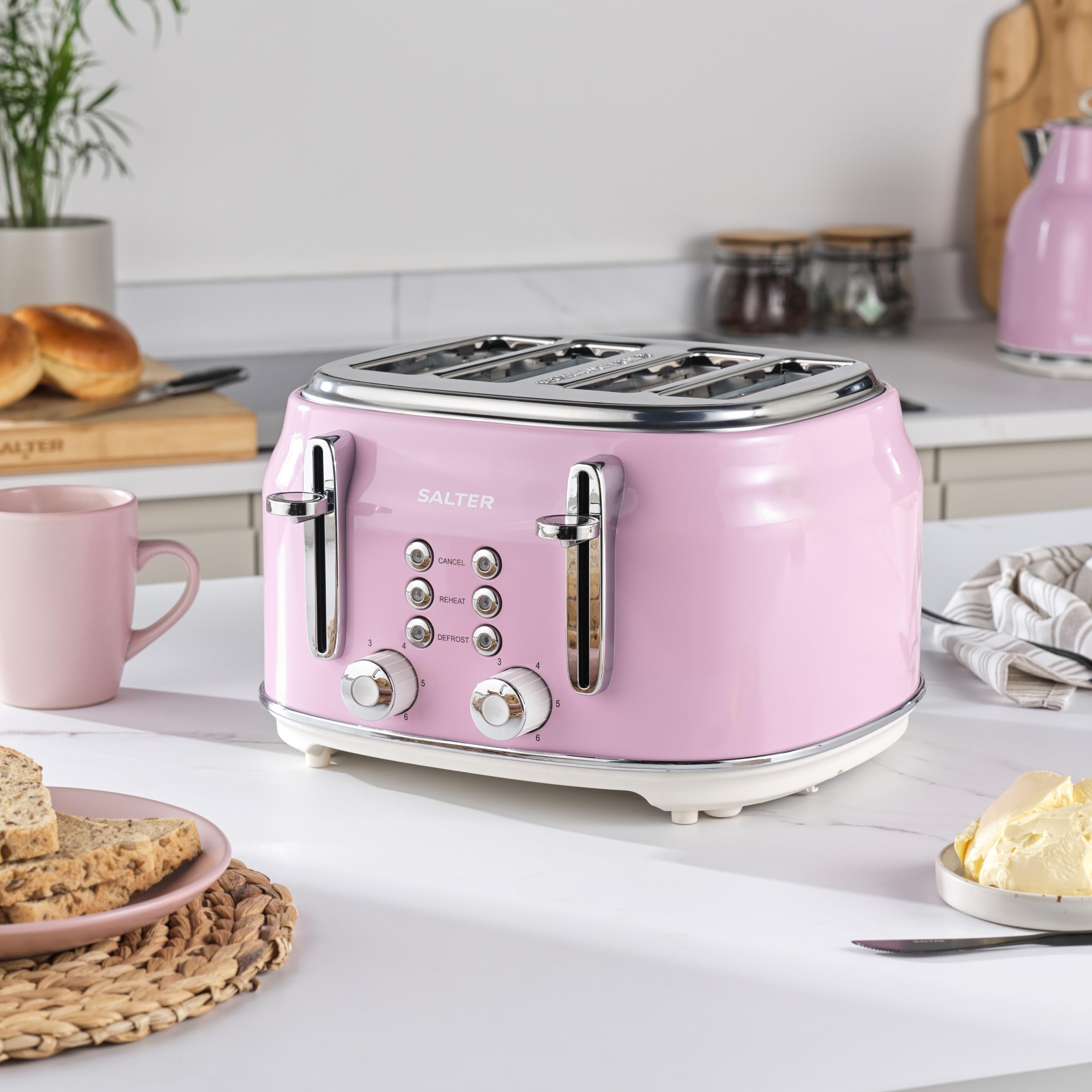 Salter Retro Pink Kettle and 4-Slice Toaster Set | 1.7L Fast Boil