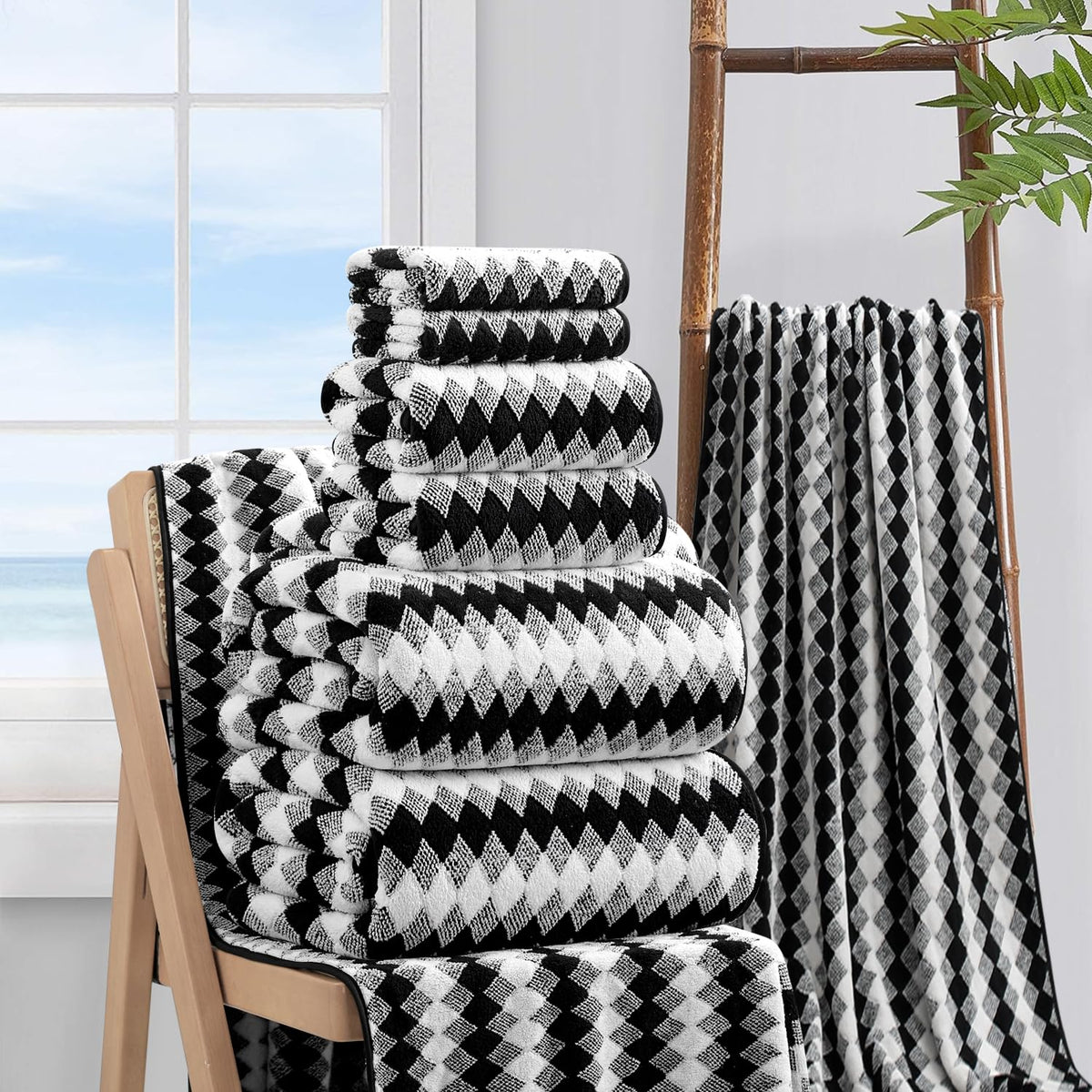 8 Piece Bathroom Towel Set Black White|2 Oversized Large Bath Towels Sheet,2 Hand Towels,4 Washcloths| 600GSM Soft Towel Set for Bathroom - image 5