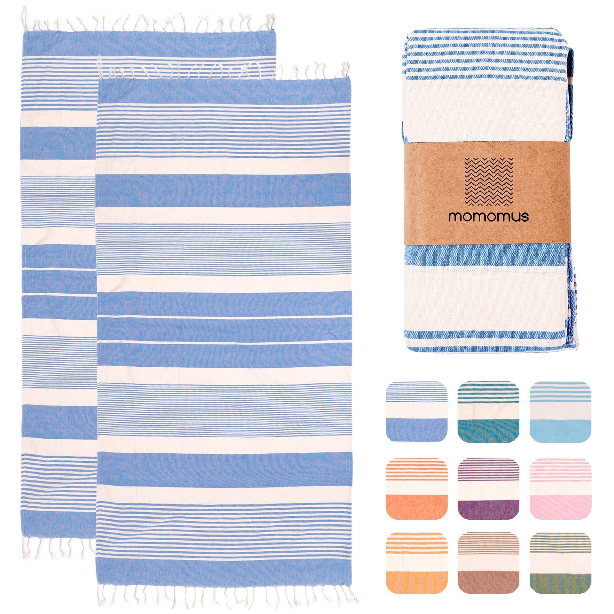 MOMOMUS 2-Pack XL Cotton Beach Towels - Sky Blue Fouta (90x180cm)