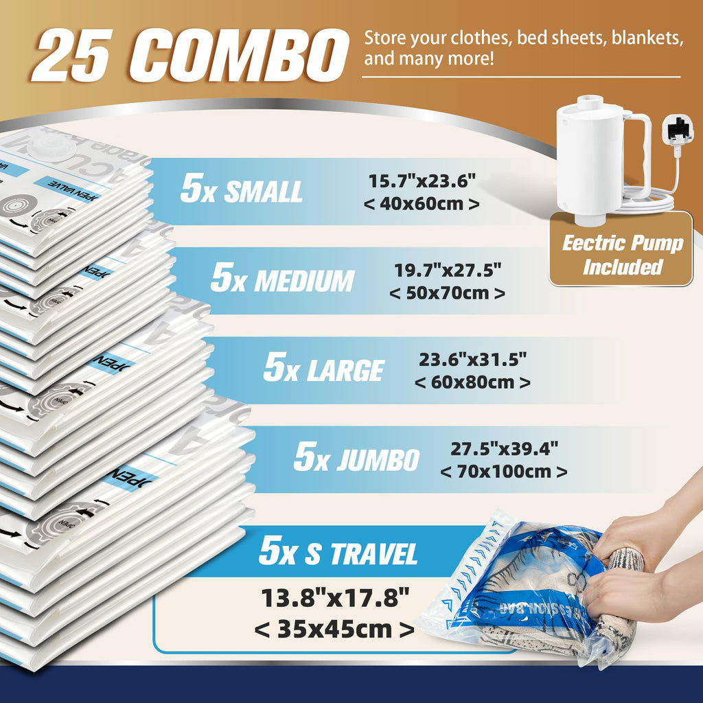 STORAGE MASTER Vacuum Storage Bags, Space Saver Bags 80% More Storage Space, with Electric Pump 25, Combo