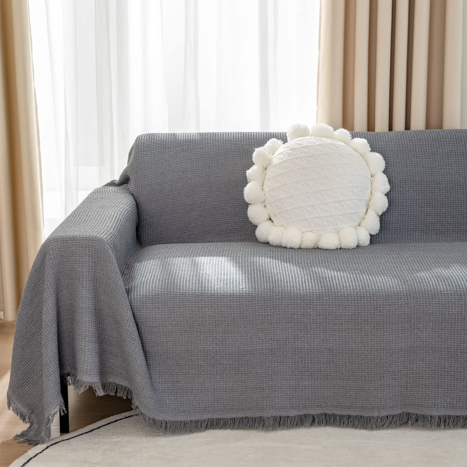 LHGOGO Woven Waffle Sofa Throw – Large 3 Seater Reversible Cotton Grey