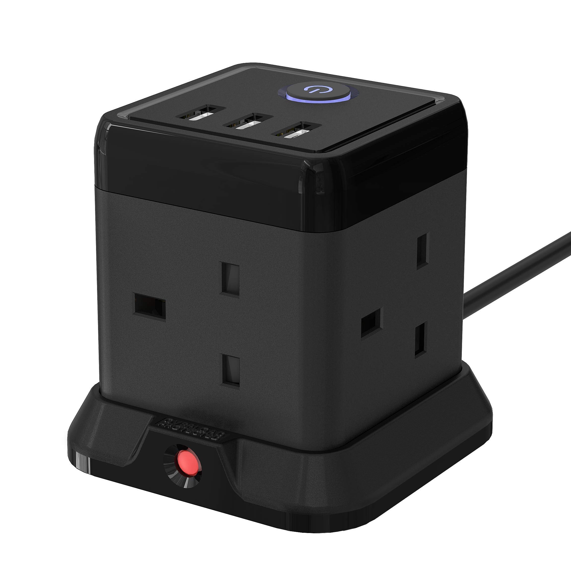 Hulker Cube Extension Lead | 4 Gang Plug Socket with 3 USB Ports – 1.5M