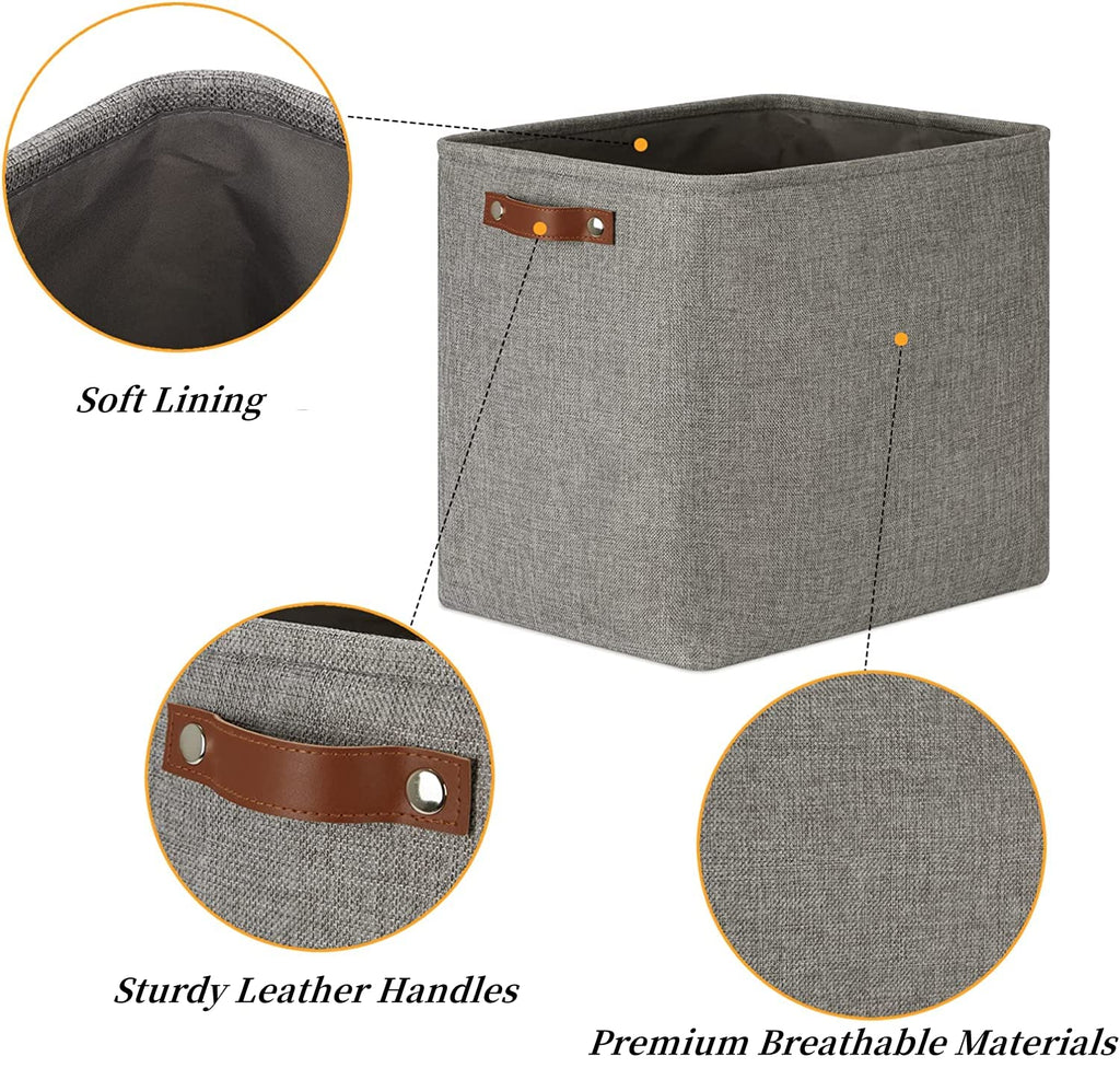 Mangata Grey Canvas Storage Cube Baskets with Leather Handles - 33x38x33cm