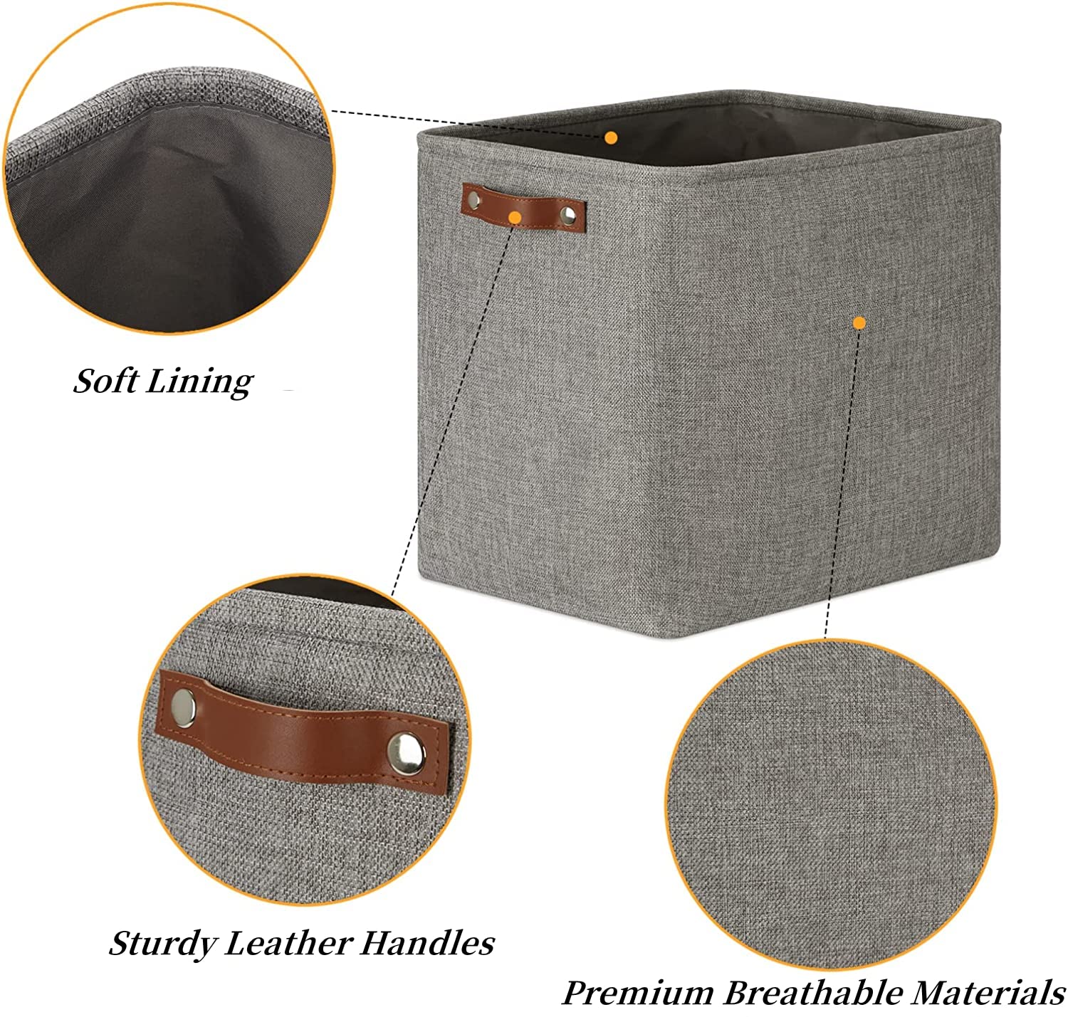 Mangata Grey Canvas Storage Cube Baskets with Leather Handles - 33x38x33cm