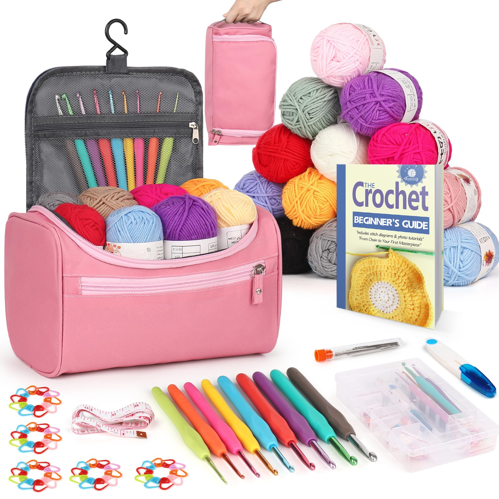 Reessy Crochet Kit for Beginners - 88 PCS Set with Ergonomic Hooks and Yarn