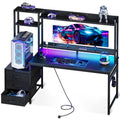 Coleshome Gaming Desk with LED Lights & Display Shelves Carbon Fiber Black