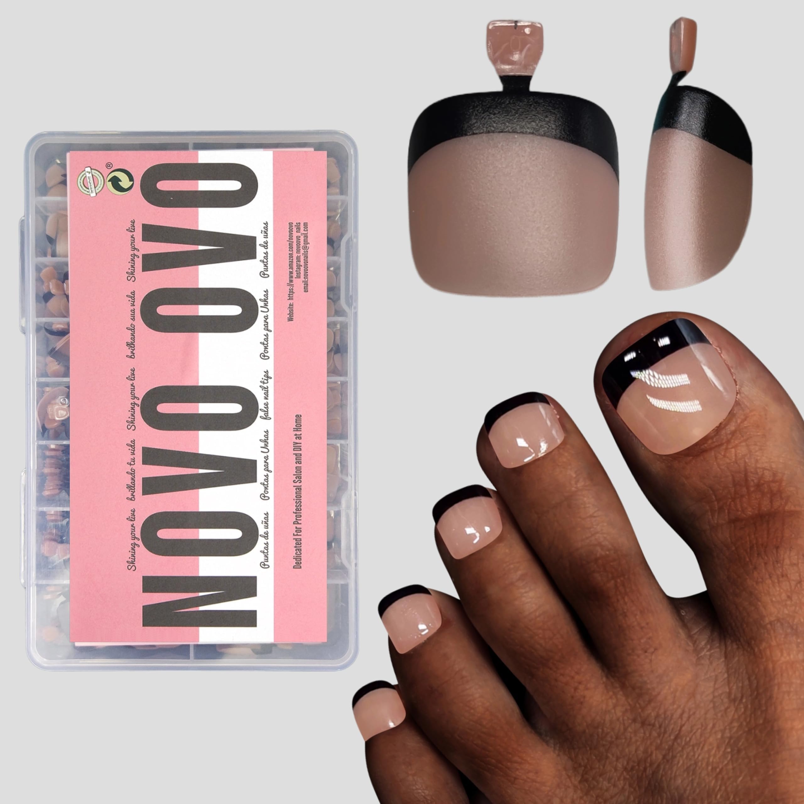 NOVO OVO Soft Gel Press on Toenails – Black French Tip Matte Full Cover