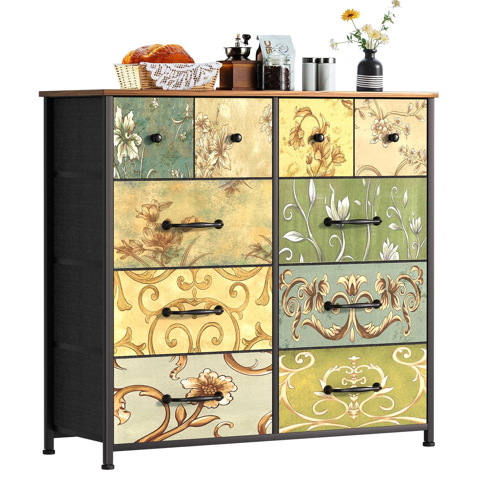 LNZHAO 10 Fabric Chest of Drawers – Vintage Floral Bedroom Storage Unit