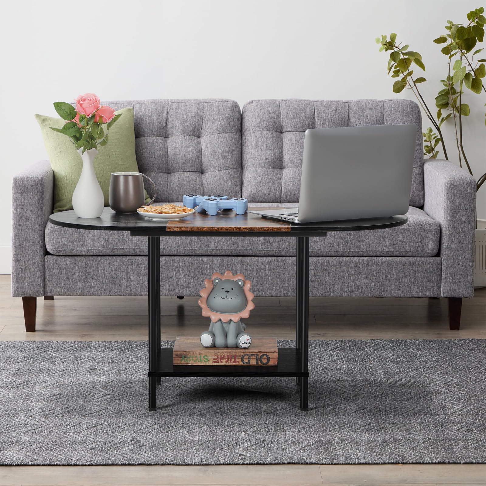 Shinoske Industrial Oval Coffee Table with Storage Shelf – Wood & Metal