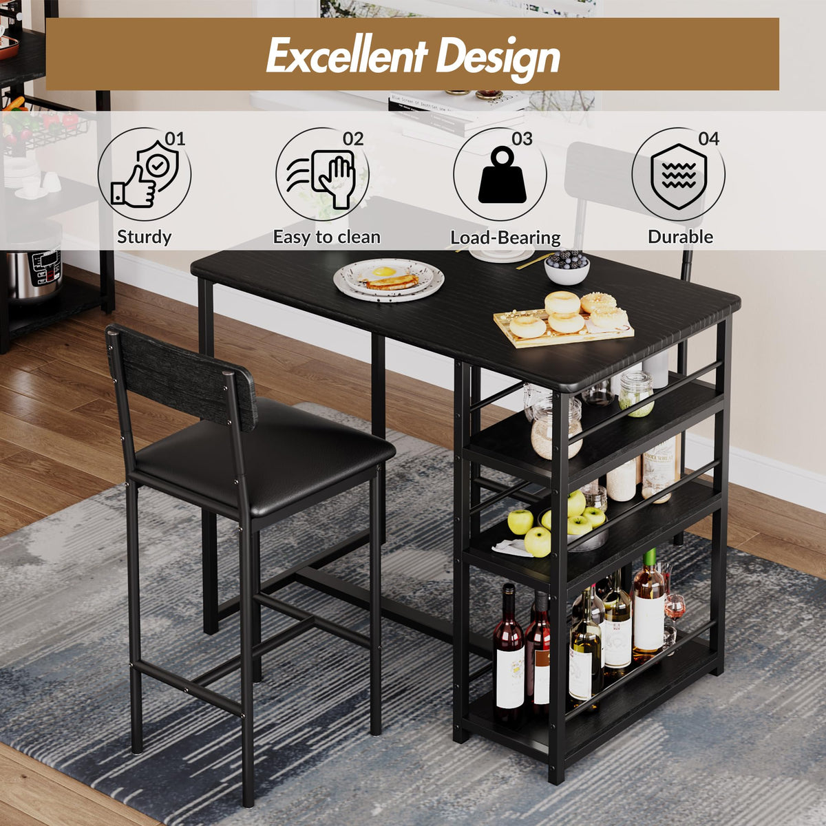 Crevyteg Compact 3-Piece Breakfast Bar Set for Small Spaces - Includes Storage Shelf Table & 2 High-Back PU Leather Stools - image 2