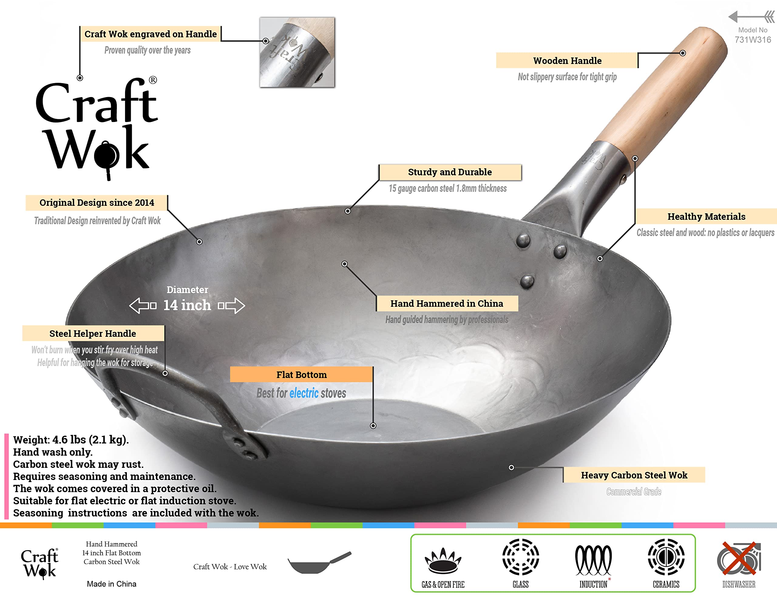 Craft Wok 14 Inch Hand Hammered Carbon Steel Flat Bottom Chinese Pow Wok