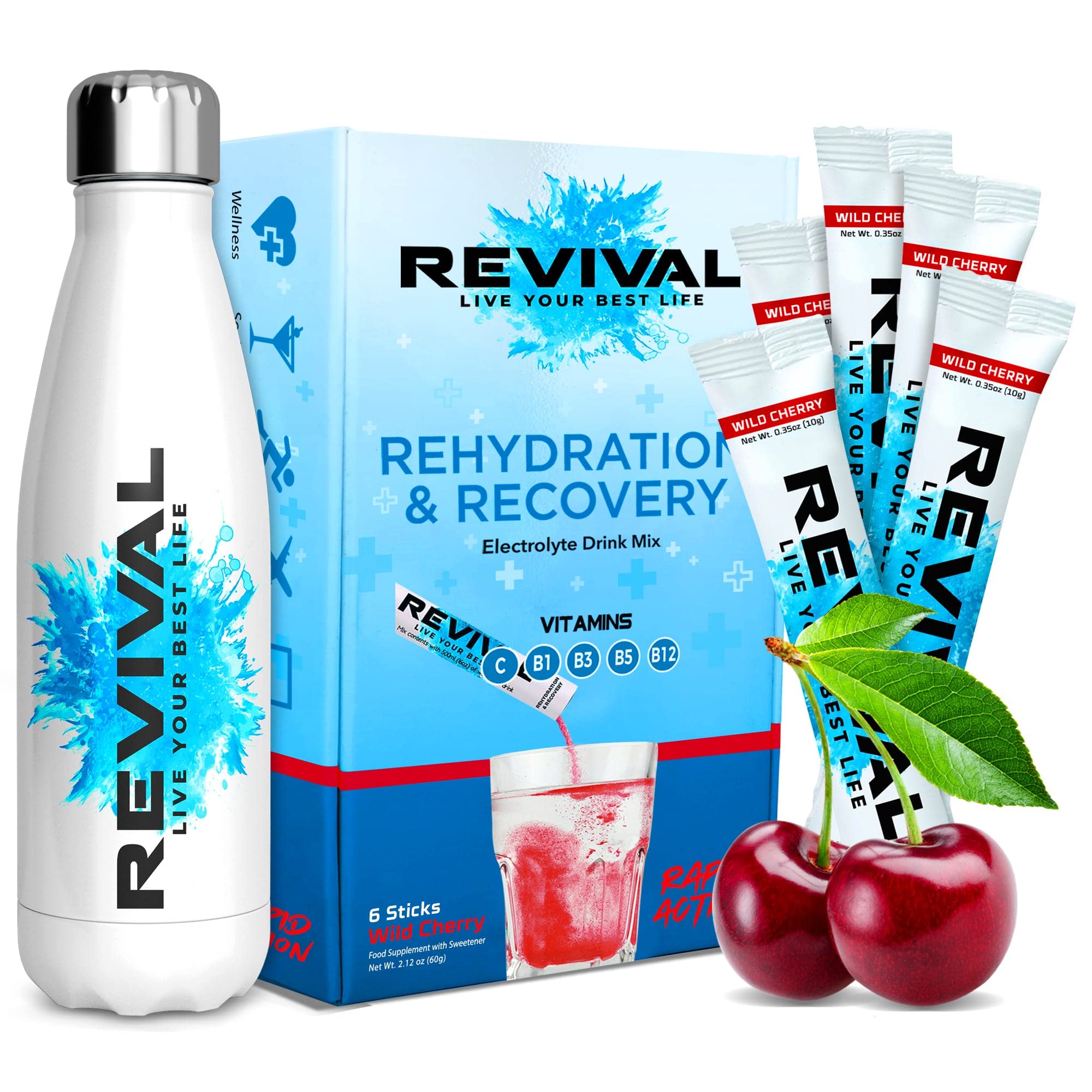 Revival Rehydration Starter Pack: 500ml Steel Bottle & 6 Electrolytes – Cherry