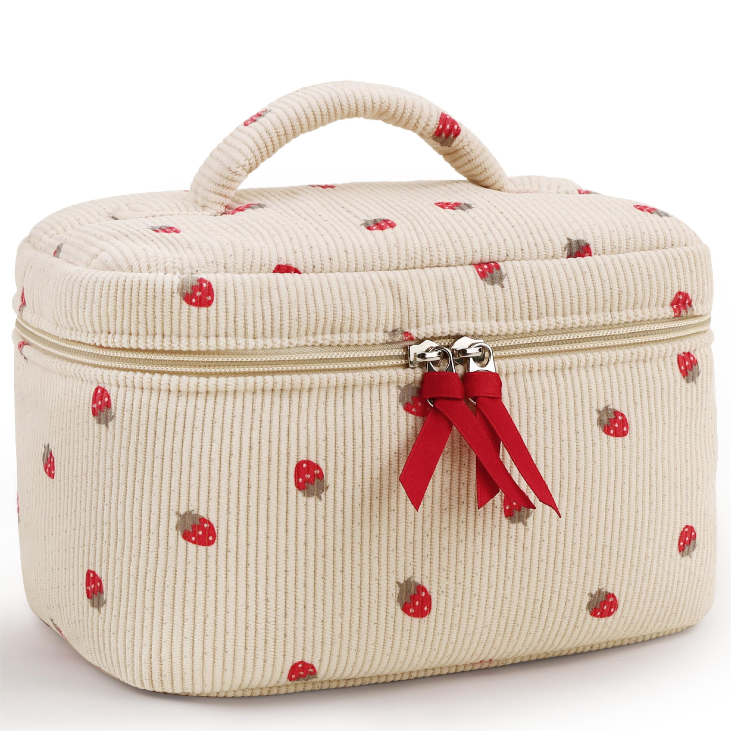 Corduroy Makeup Bag – Floral Strawberry Toiletry Pouch