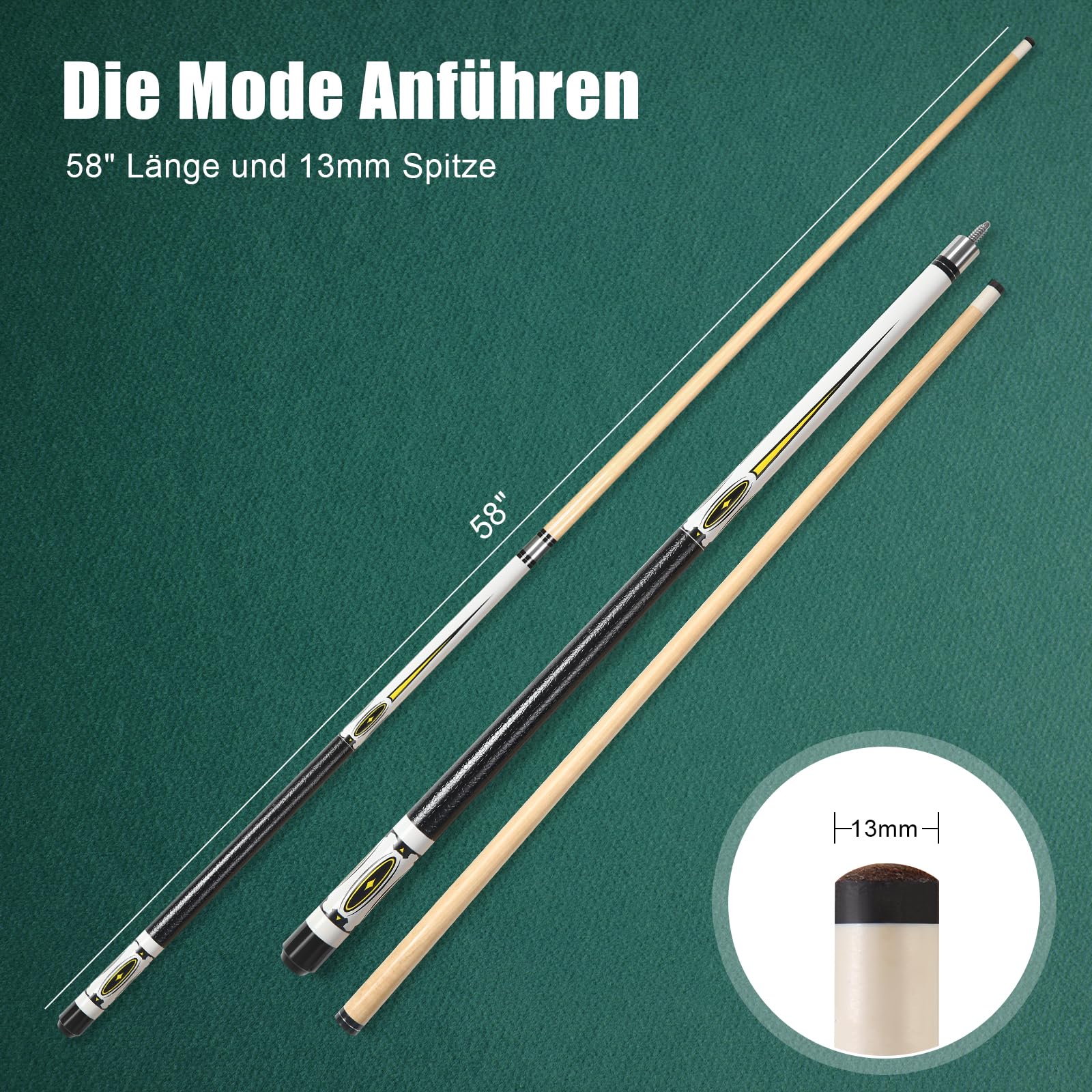 ASMPCUE 58 Inch Maple Pool Cue – 13mm Tip Professional Billiard Stick