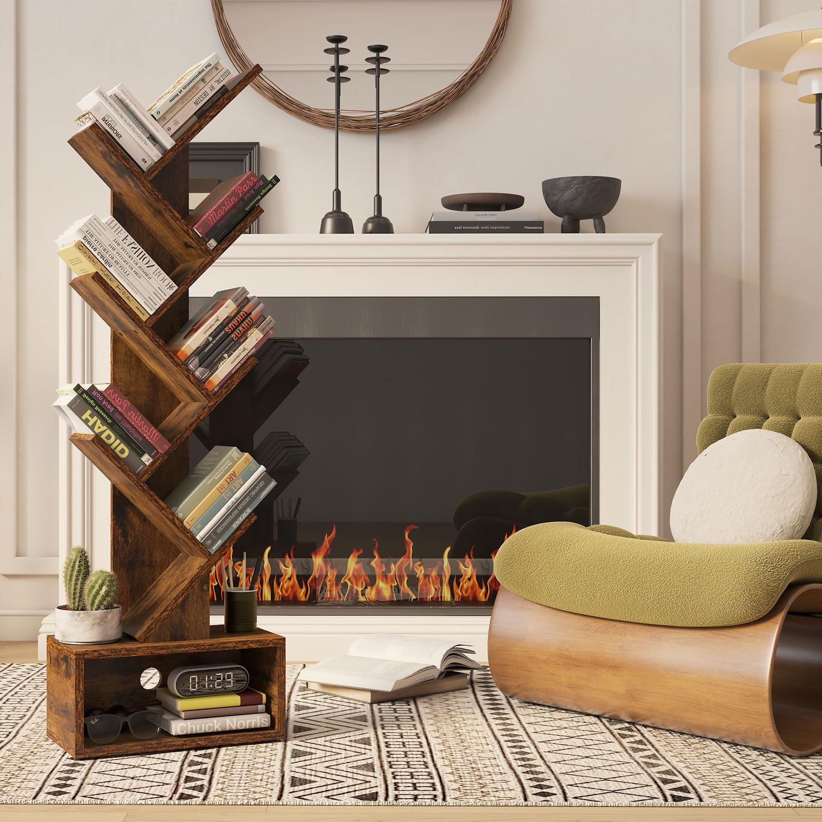 YMYNY 6-Tier Tree Bookshelf | Modern Wood Tall Bookcase with Drawer