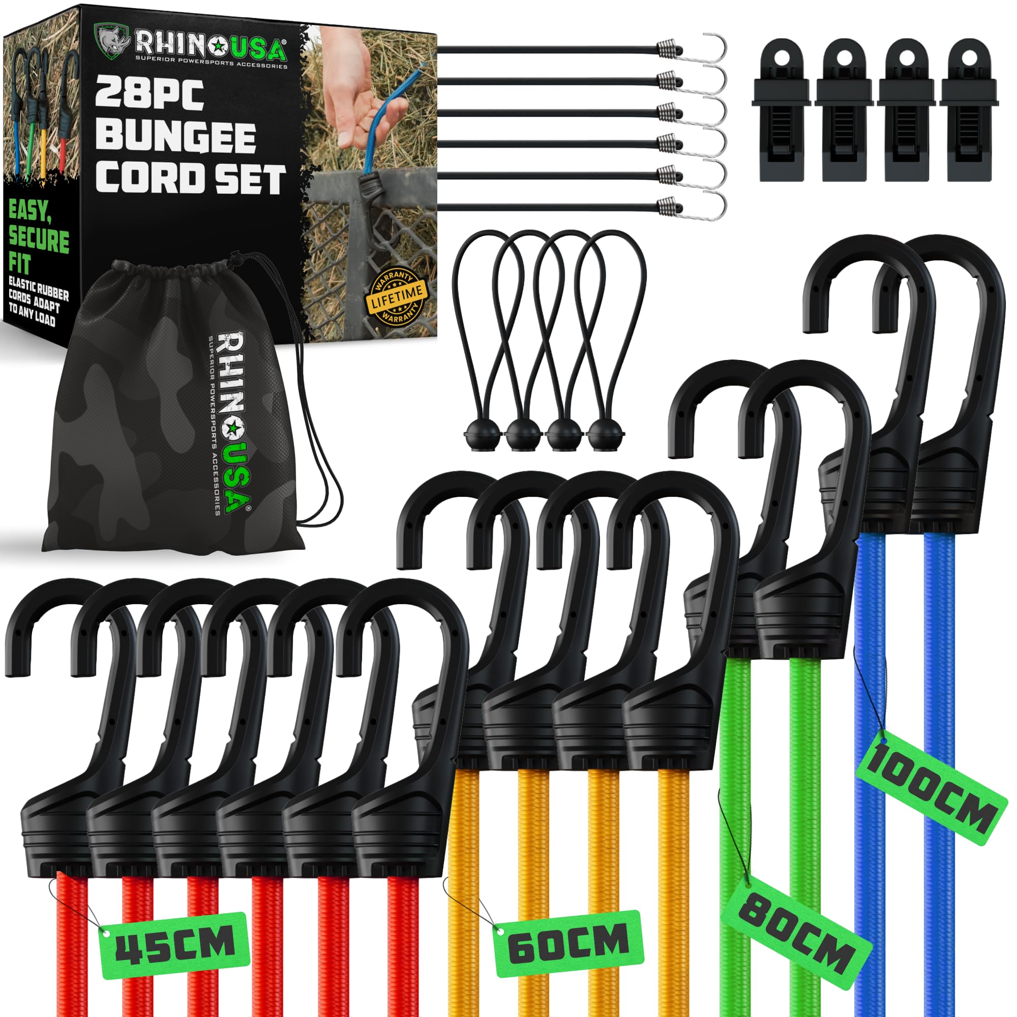 Rhino USA 28-Piece Heavy Duty Bungee Cords with Hooks & Tarp Clips