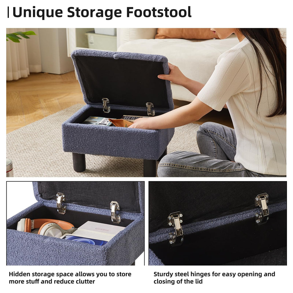 Aibiju Teddy Fur Storage Ottoman Footstool with Wood Legs - Blue