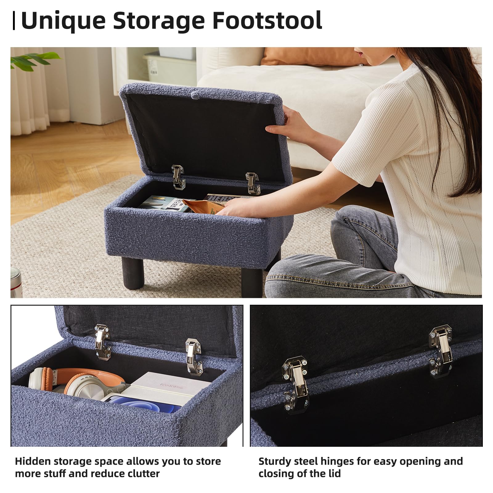 Aibiju Teddy Fur Storage Ottoman Footstool with Wood Legs - Blue