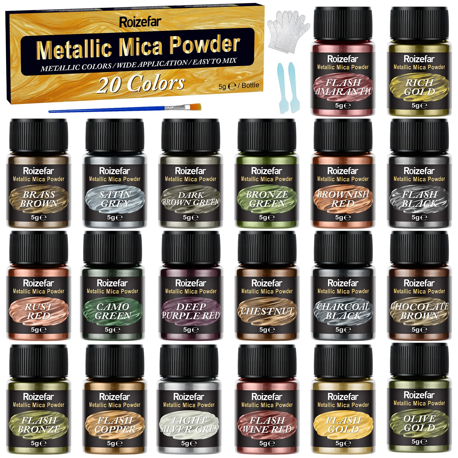 Roizefar Metallic Mica Powder - 20 Colors Pearlescent Epoxy Resin Pigment