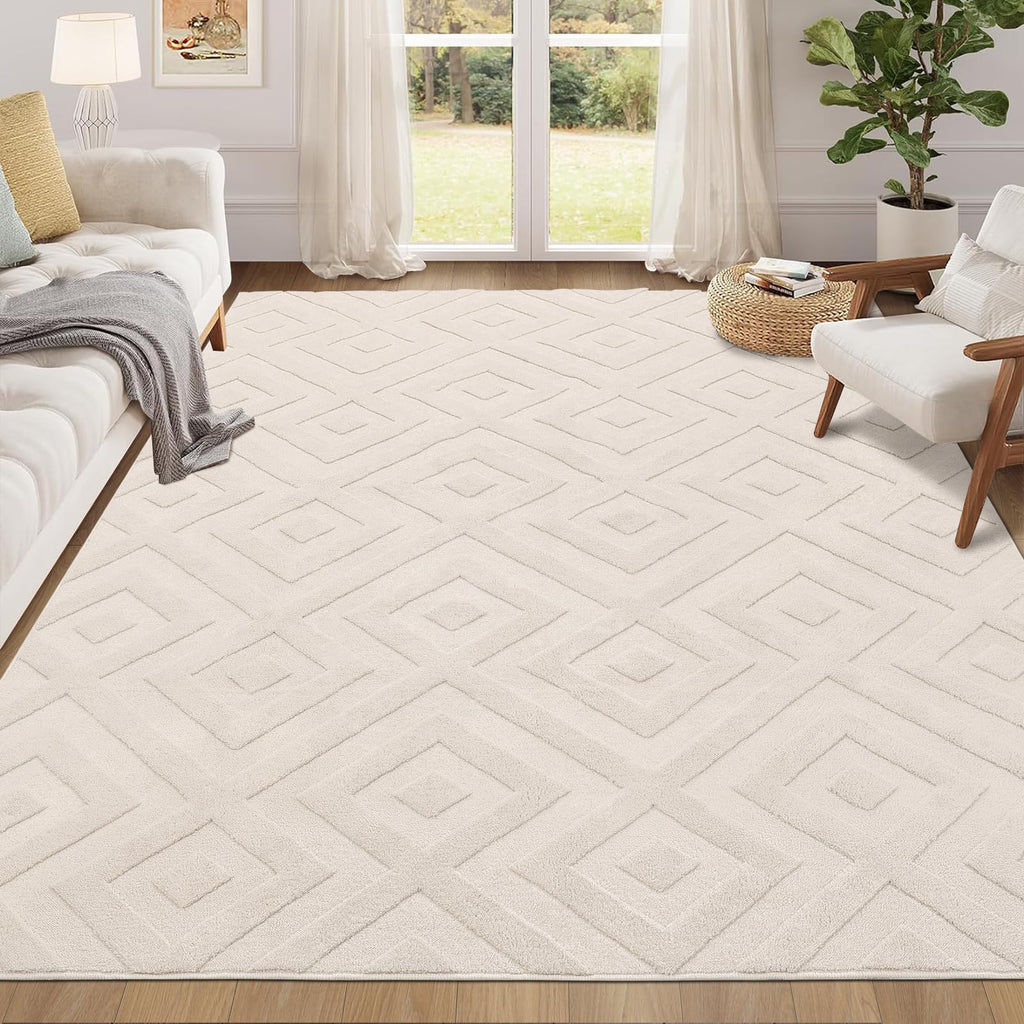 Enyhom Machine Washable Geometric Area Rug | Non-Slip Cream Carpet