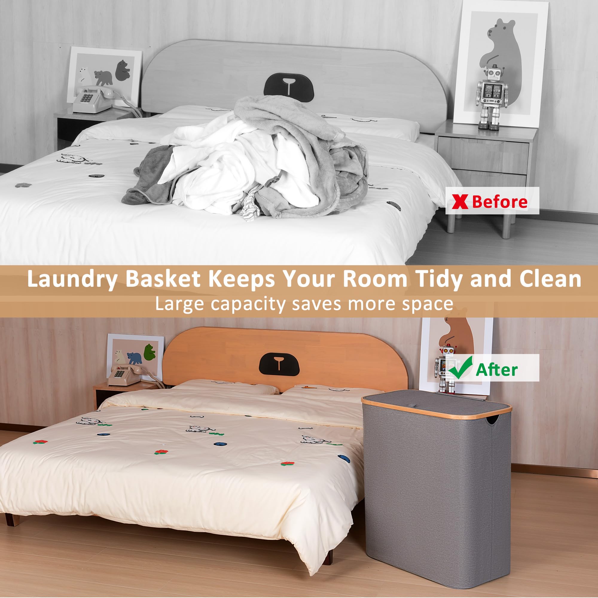iEGrow 150L Double Laundry Basket – Foldable Hamper with Lid and Bamboo Handle