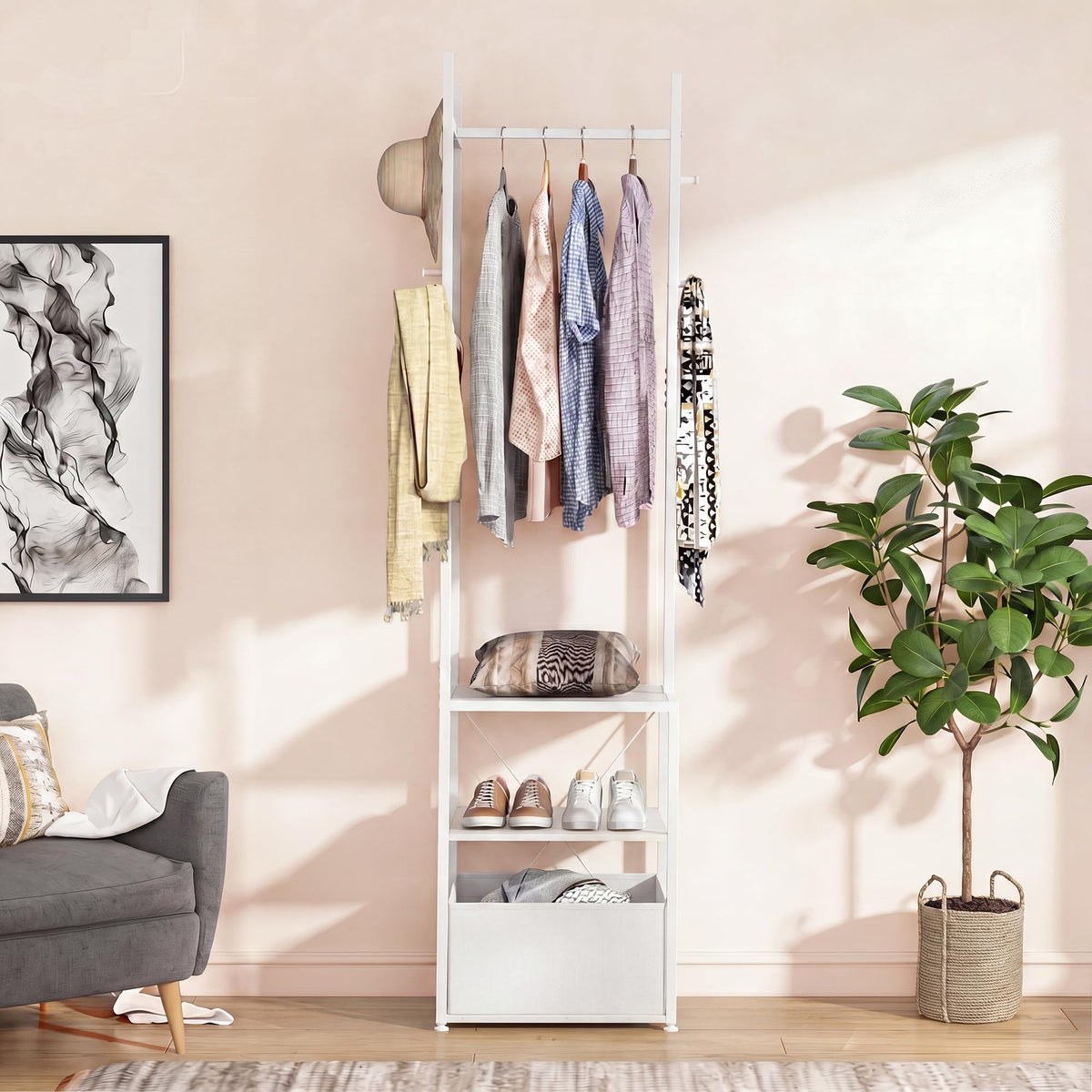 YITAHOME Coat Stand, Clothes Rack Hall Tree with Shelves & Hooks, White - image 2
