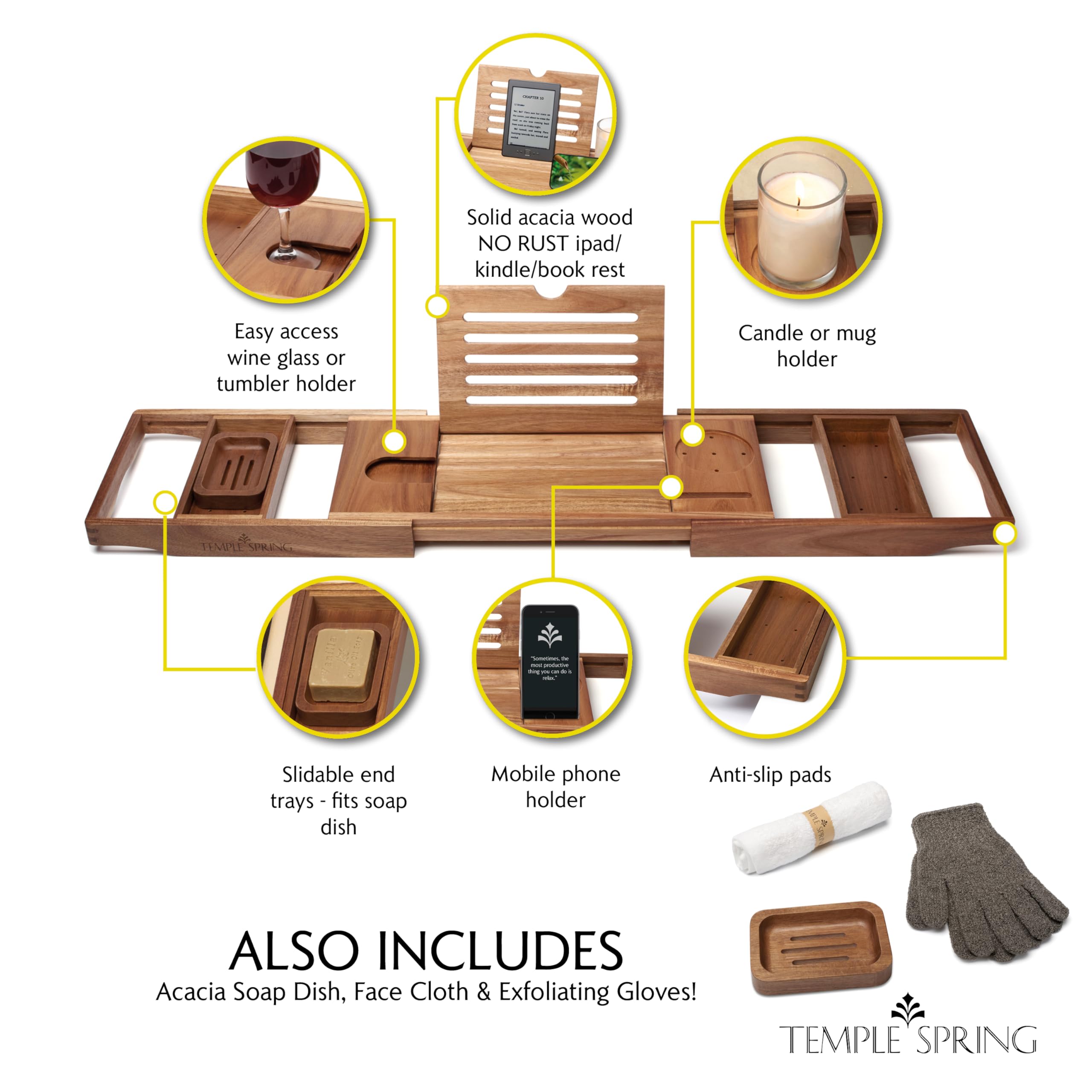 Temple Spring Acacia Wood Bath Tray – Extendable Bathtub Caddy Shelf
