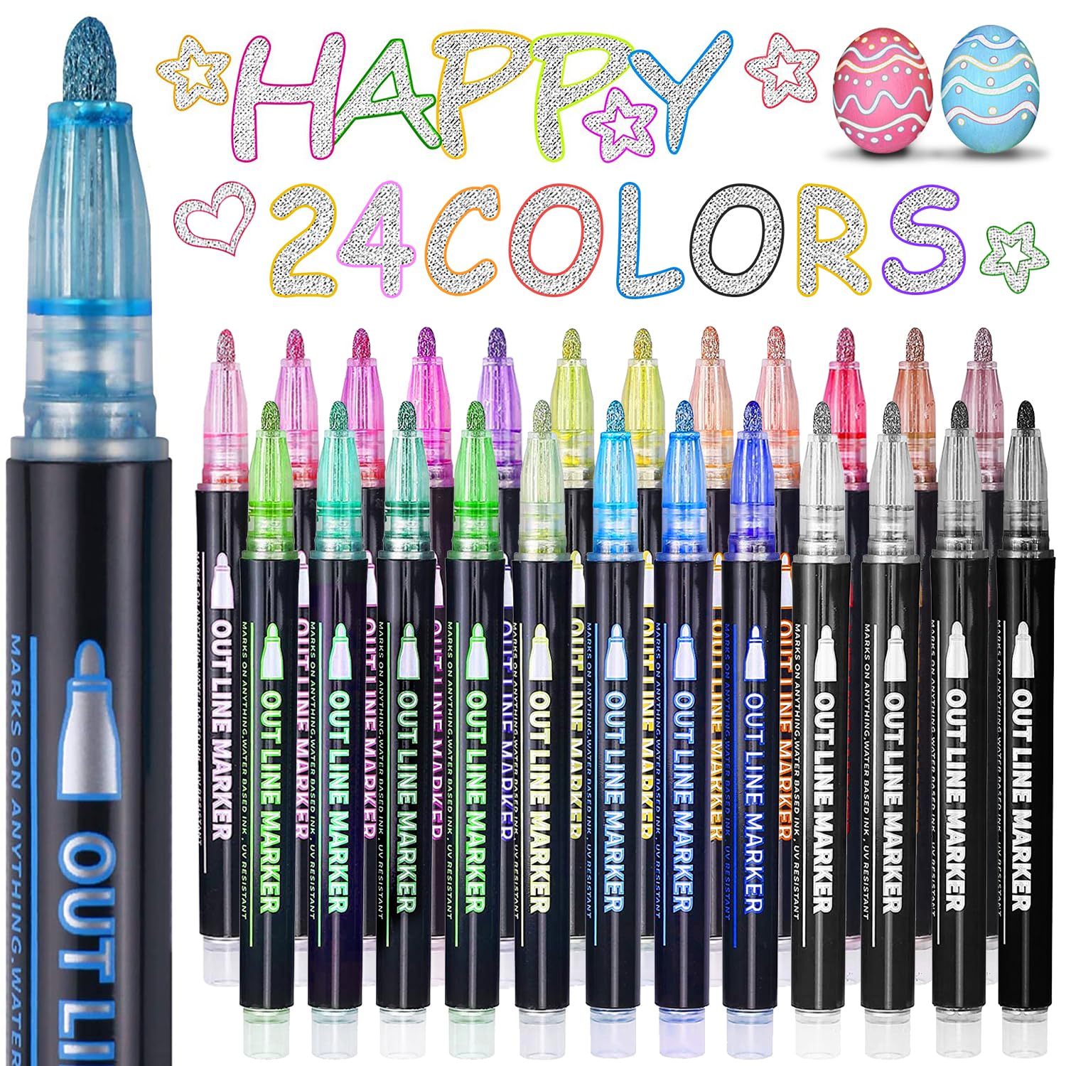 ECtury 24 Color Outline Marker Pens – Glitter Metallic Art Supplies