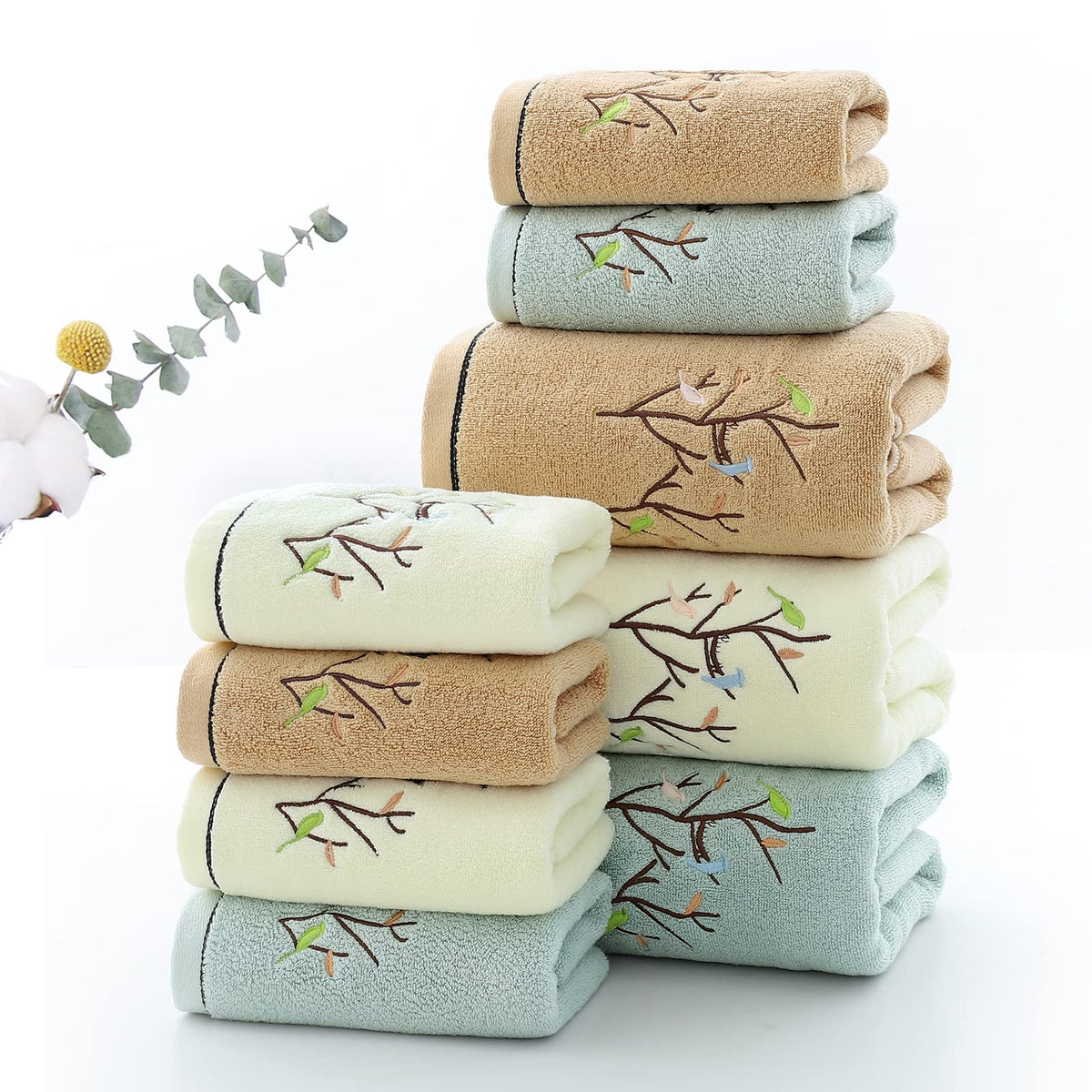 Pidada Hand Towels Set of 4 Embroidered Bird Tree Pattern 100% Cotton Absorbent Soft Decorative Towel for Bathroom 35 x 75 cm Brown - image 5