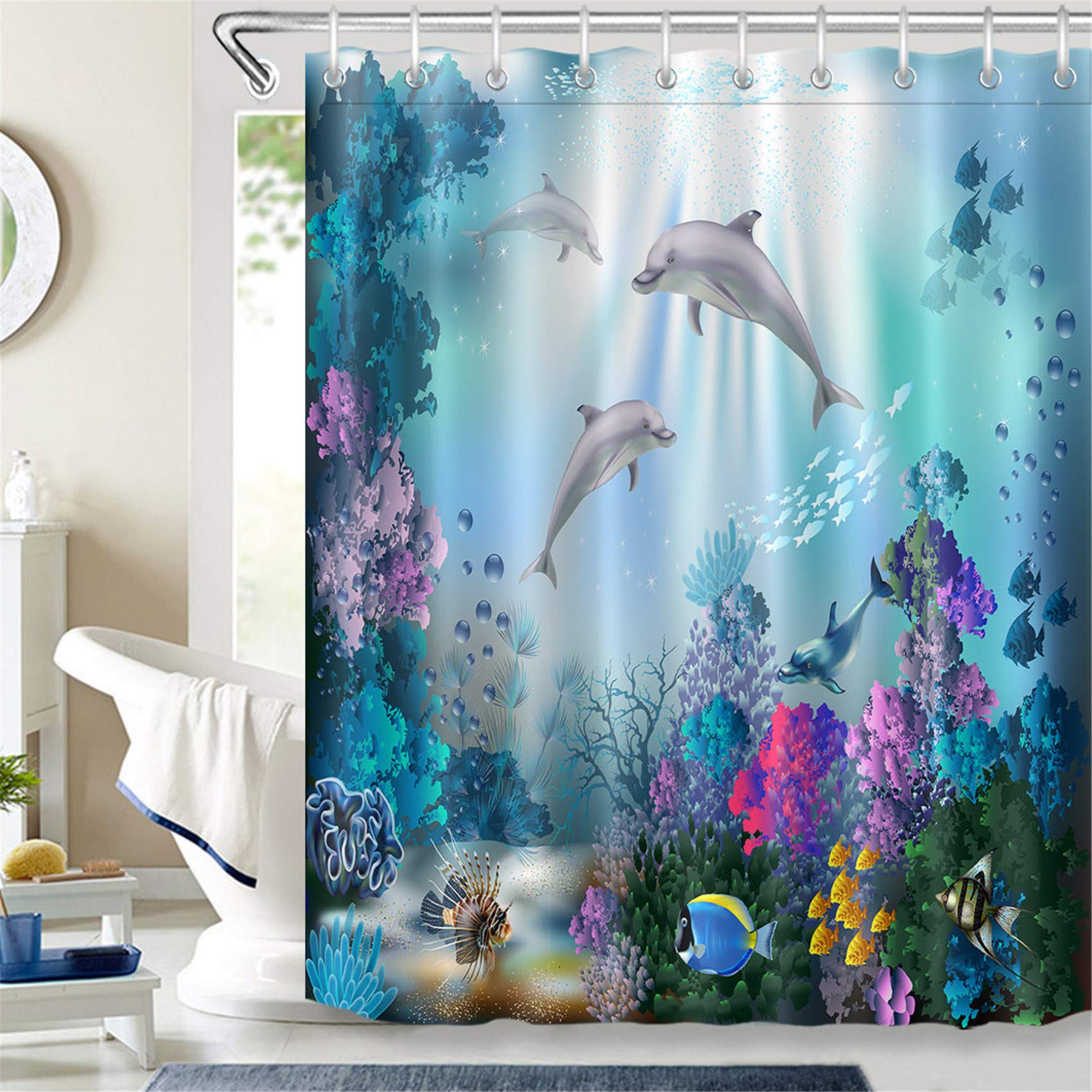 Blue Dolphin Shower Curtain – Waterproof & Mould Proof