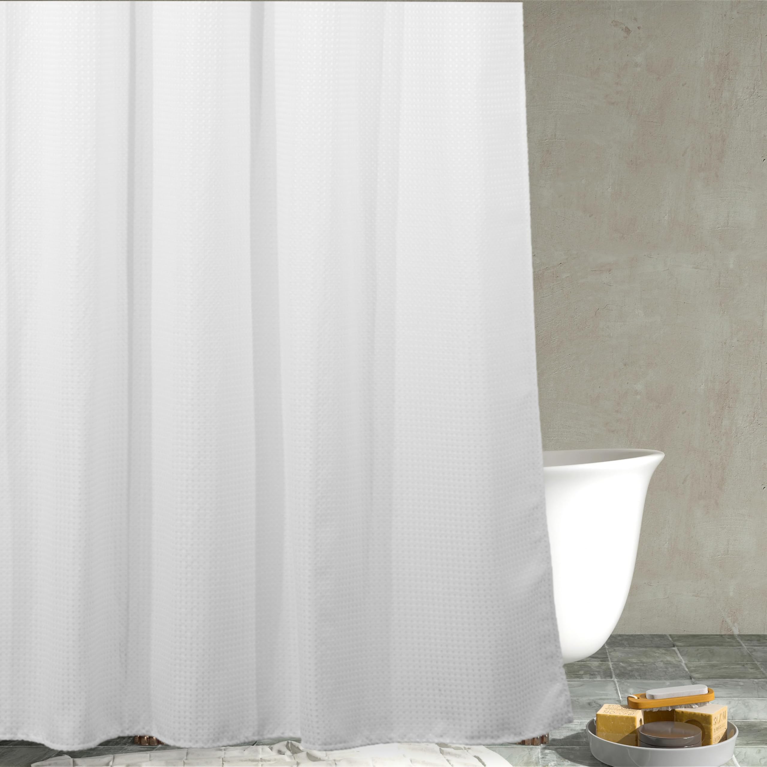 PopKozzi White Waffle Shower Curtain – Heavy Duty Fabric, 183 x 183cm
