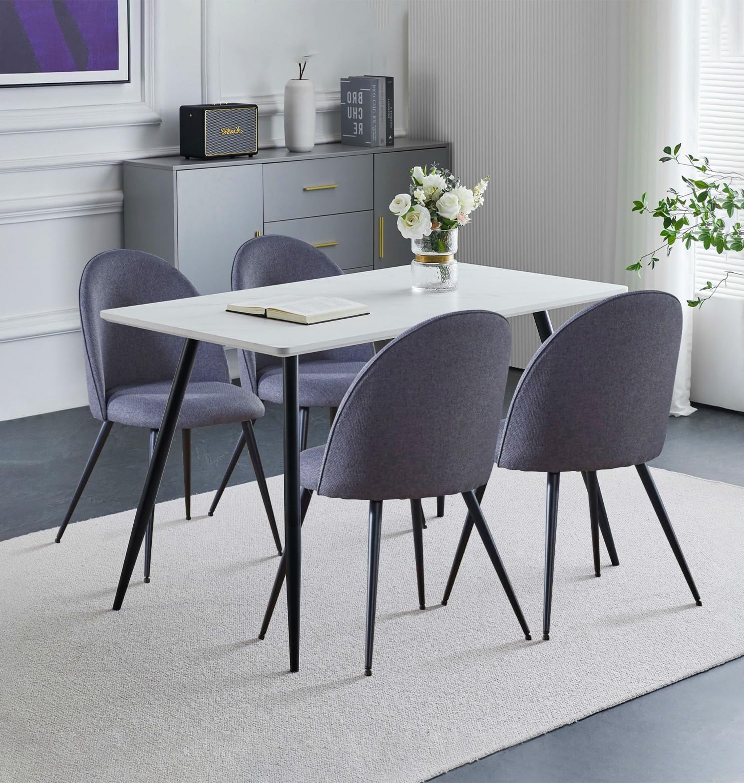 Hallowood Cullompton White Marble Dining Table and 4 Grey Chairs