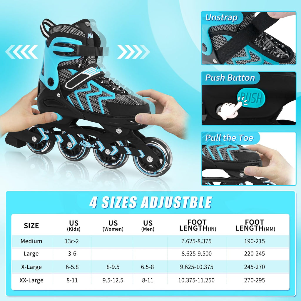 Nattork Adjustable Inline Skates - Teal Beginner Roller Blades