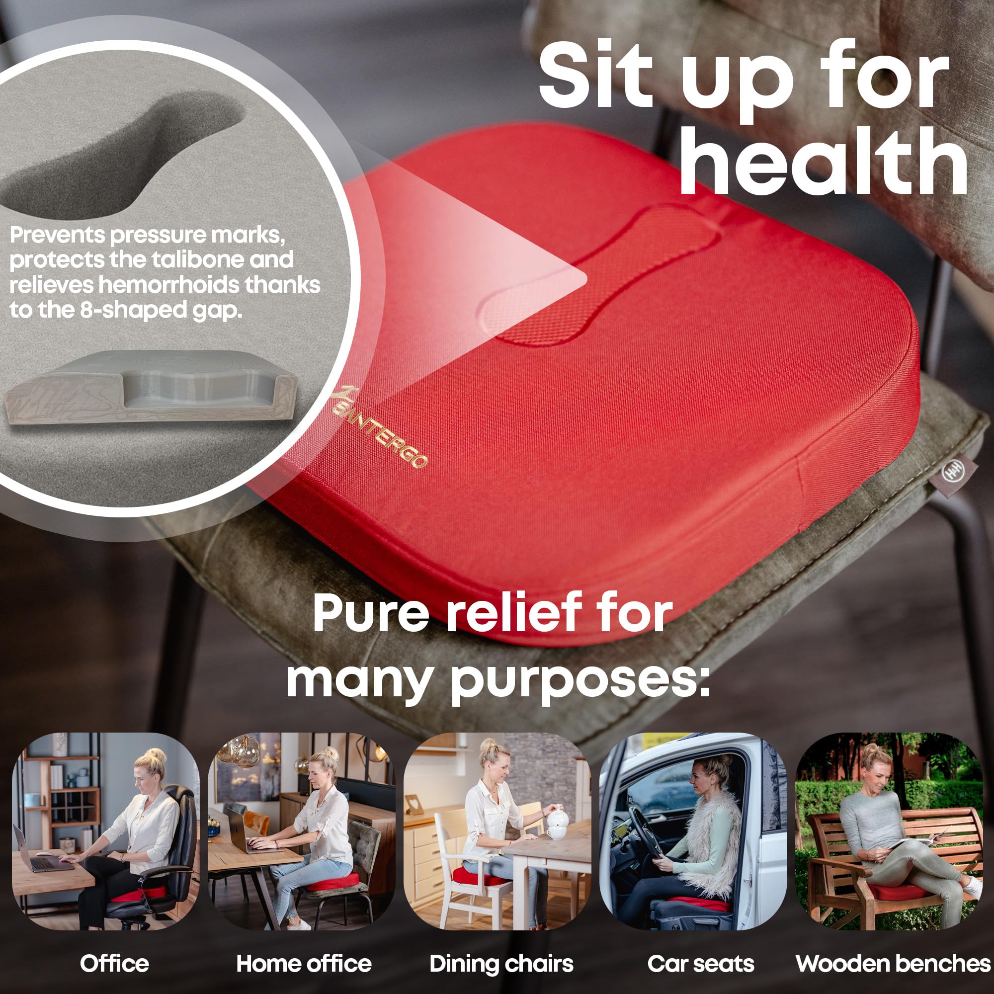SANTERGO Orthopaedic Seat Cushion – Ergonomic Foam for Office & Car