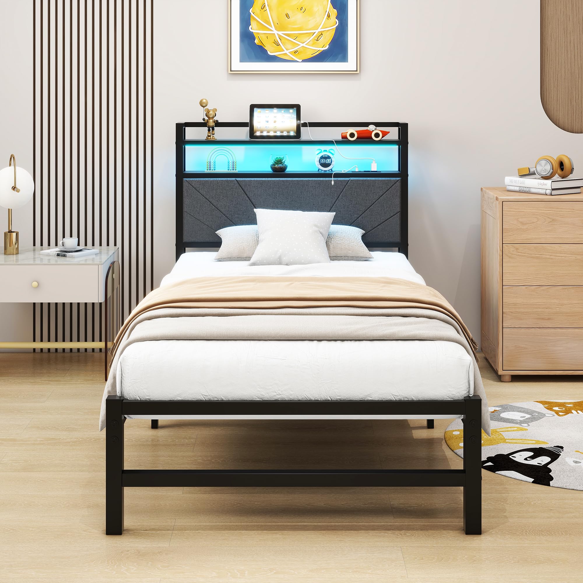 VERFARM 3ft Single Bed Frame with LED Storage Headboard & Charging Station